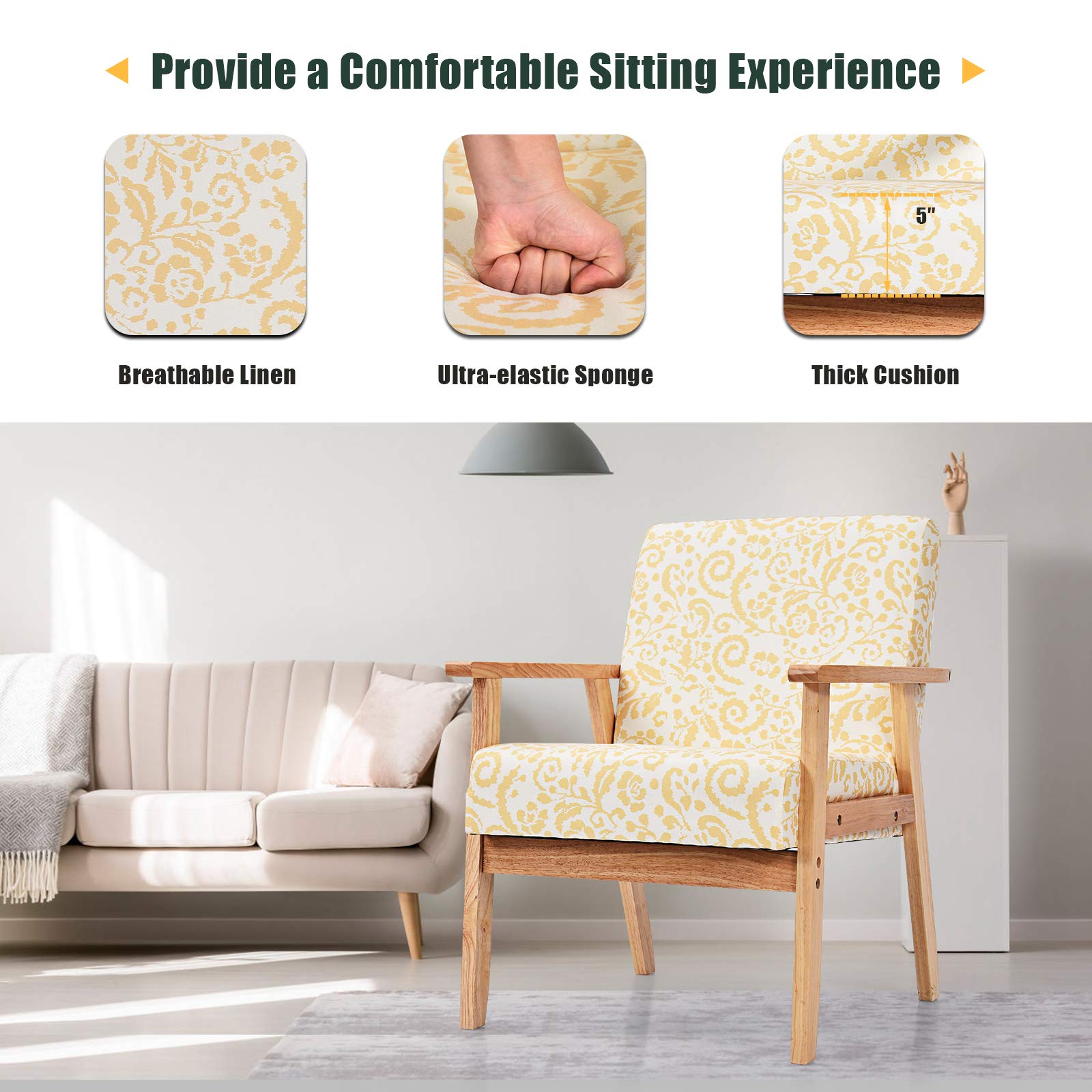 Powerstone Modern Fabric Accent Chair with Wooden Legs - Yellow for Living Room & Office