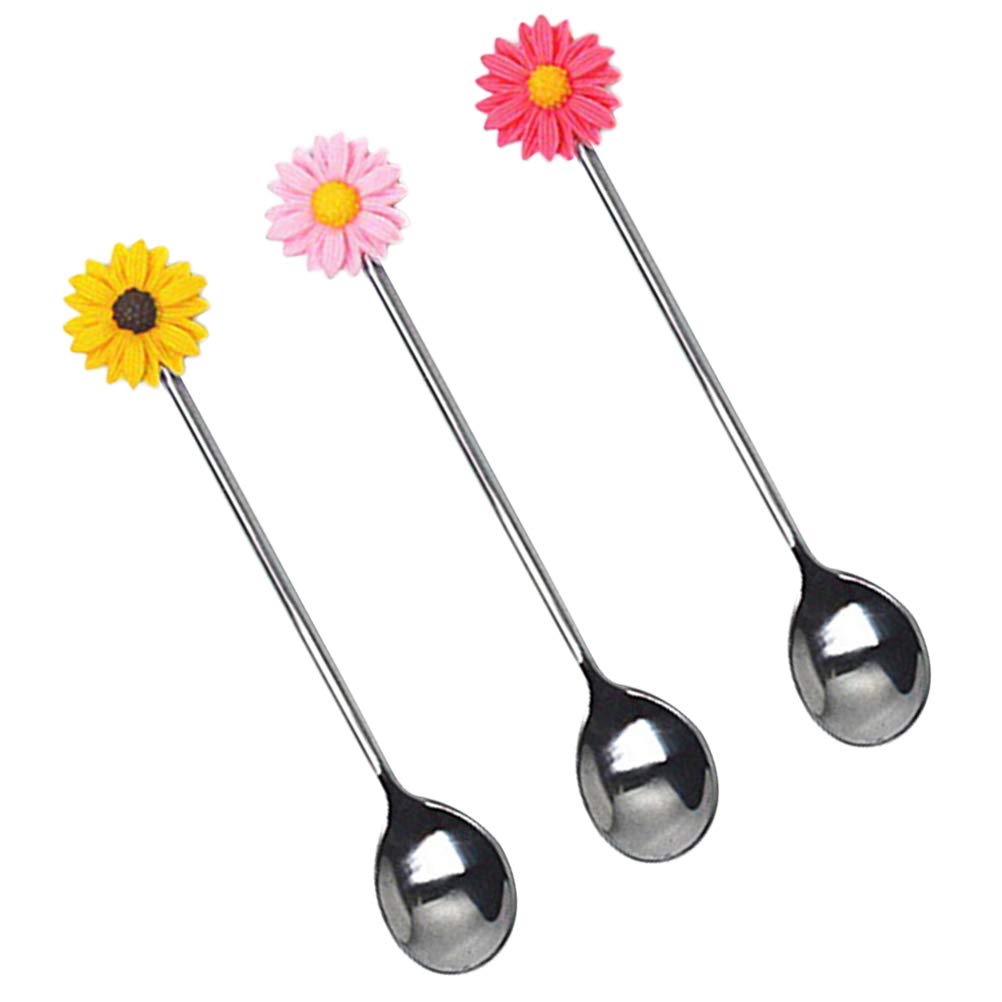 3-Piece Espresso Stirring Spoon Set - Stainless Steel Coffee Mixer Wand, Honey & Condiment Spoons, Daisy Design Stir Stick for Espresso, Tea, Hot Chocolate - Perfect for Home, Cafe & Office Use