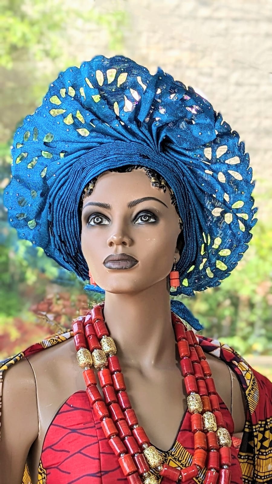 Karra Turquoise Blue African Aso Oke Head Wrap - Laser Cut Pre-Tied Autogele for Women | Perfect for Weddings, Parties & Cultural Events