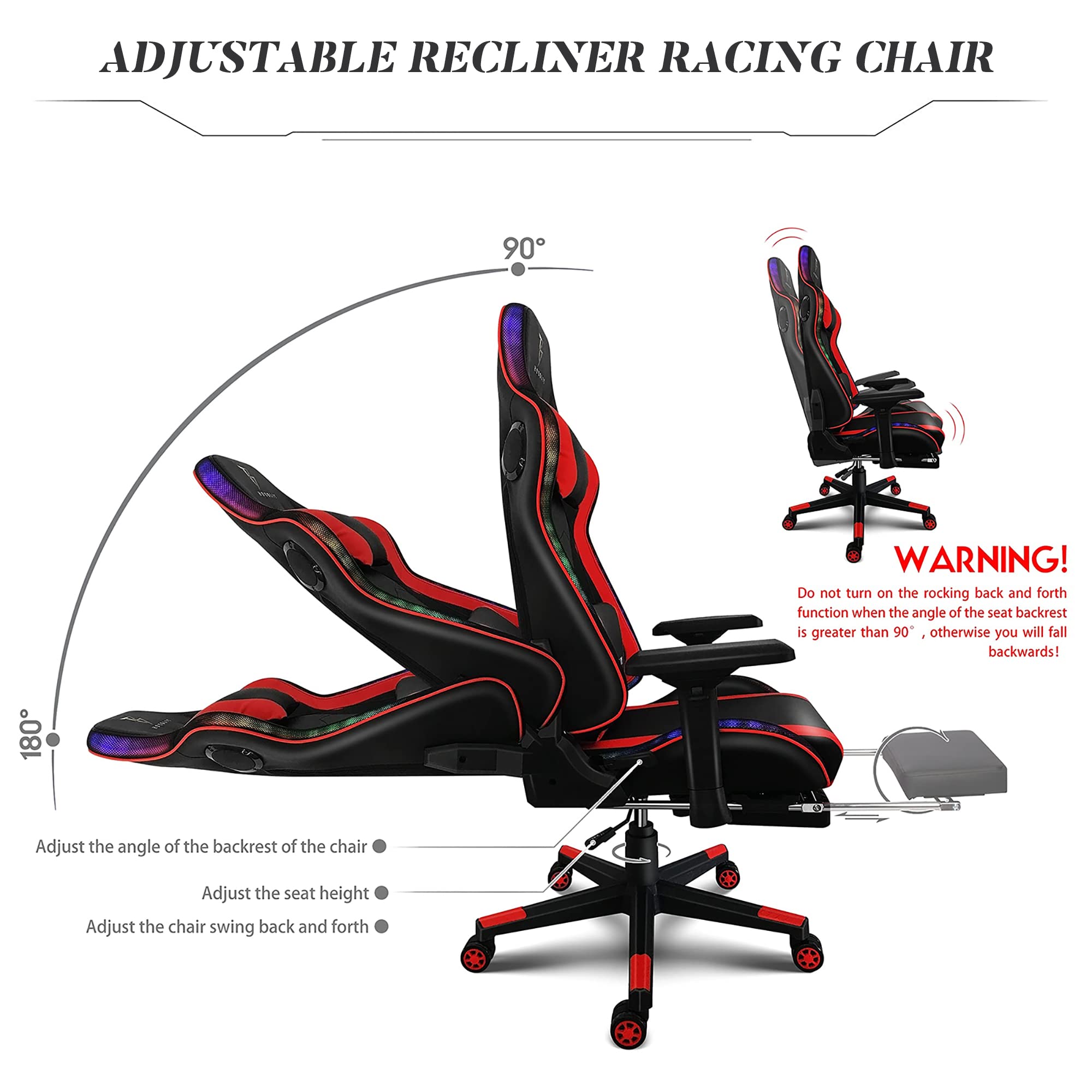 RGB Gaming Chair with Footrest & Massage - Ergonomic High Back Computer Chair with 4D Armrests, Lumbar Support & Built-in Speakers - 360° Swivel PU Leather Racing Chair for PC/Console Gaming - Perfect for Esports, Streaming & Home Office Setup