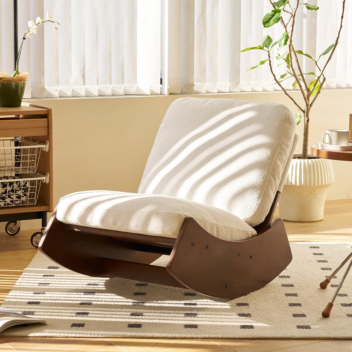 QHITTY Solid Wood Glider Rocking Chair - Modern Nursery Rocker with High Backrest, Armless Corduroy Sofa Chair for Bedroom, Living Room & Study - Perfect for Nursing, Reading & Relaxing (White)