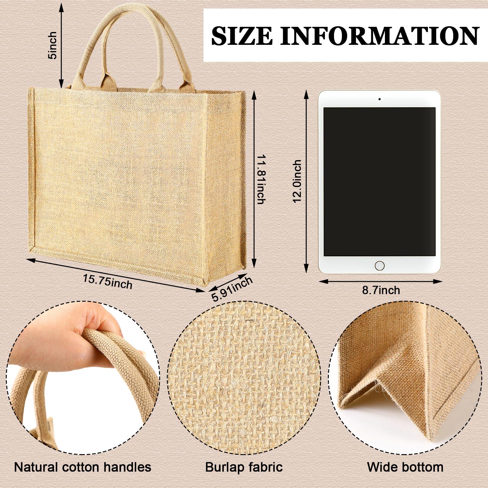 Shappy Eco-Friendly Burlap Tote Bags with Sturdy Handles - Jute Grocery Shopping Bags with Waterproof Laminated Interior - 15.8 x 11.8 x 5.9 Inches - Perfect for Weddings, Farmers Markets & Beach Outings