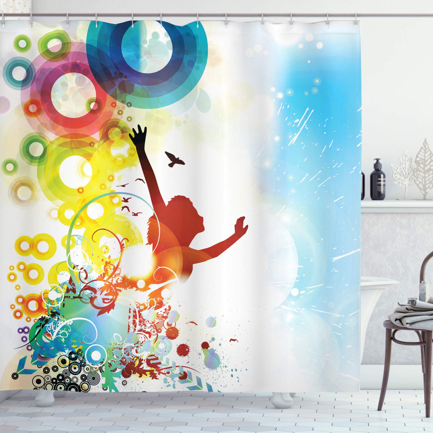 Ambesonne Modern Abstract Shower Curtain - Happy Lady Silhouette with Flying Birds Design, Colorful Bathroom Decor Set with Hooks, 69