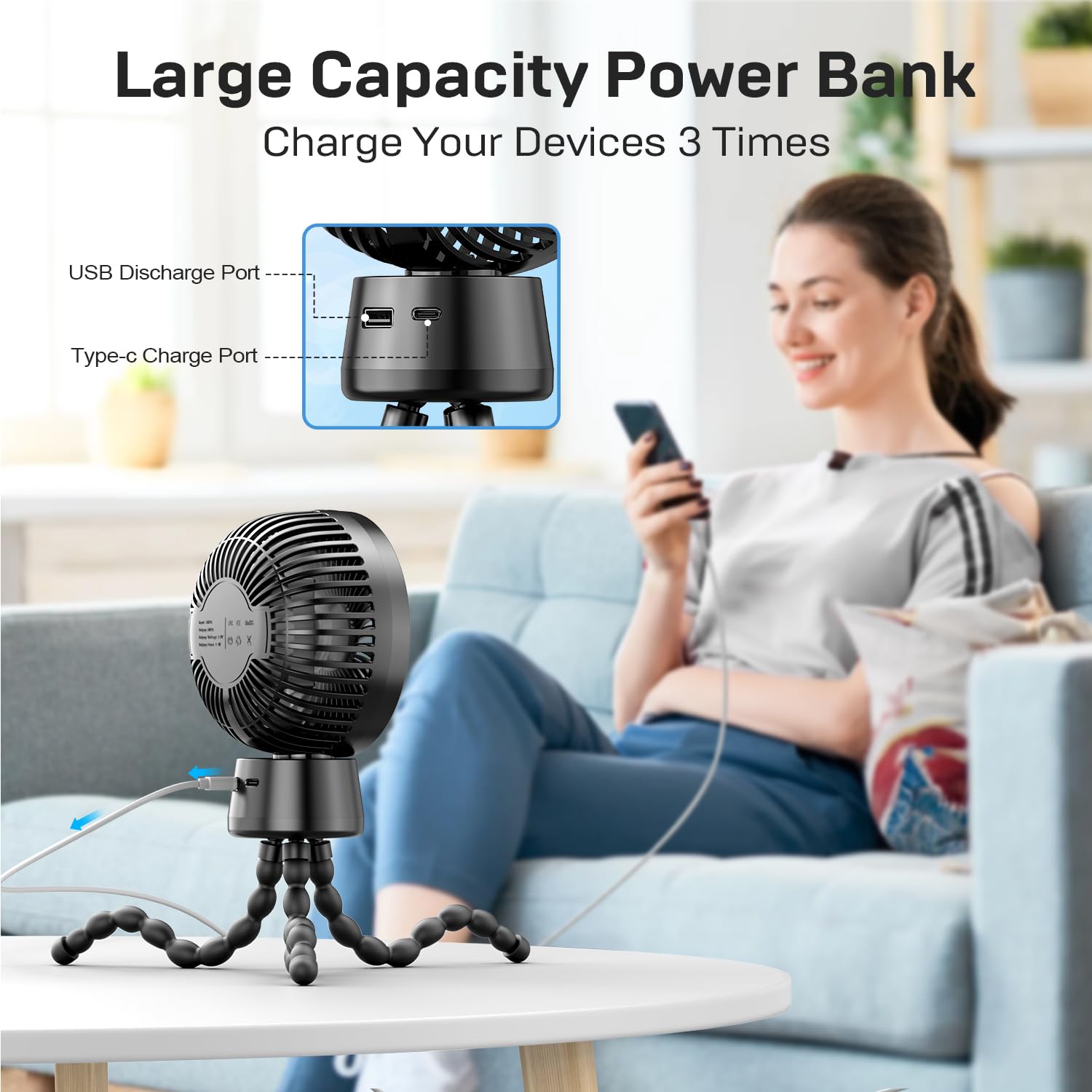 20000mAh Portable Stroller Fan with Power Bank & LED Light - 120° Auto Oscillation, Detachable Tripod, Rechargeable Battery - Perfect for Baby Crib, Car Seat, Travel, Office & Home Use