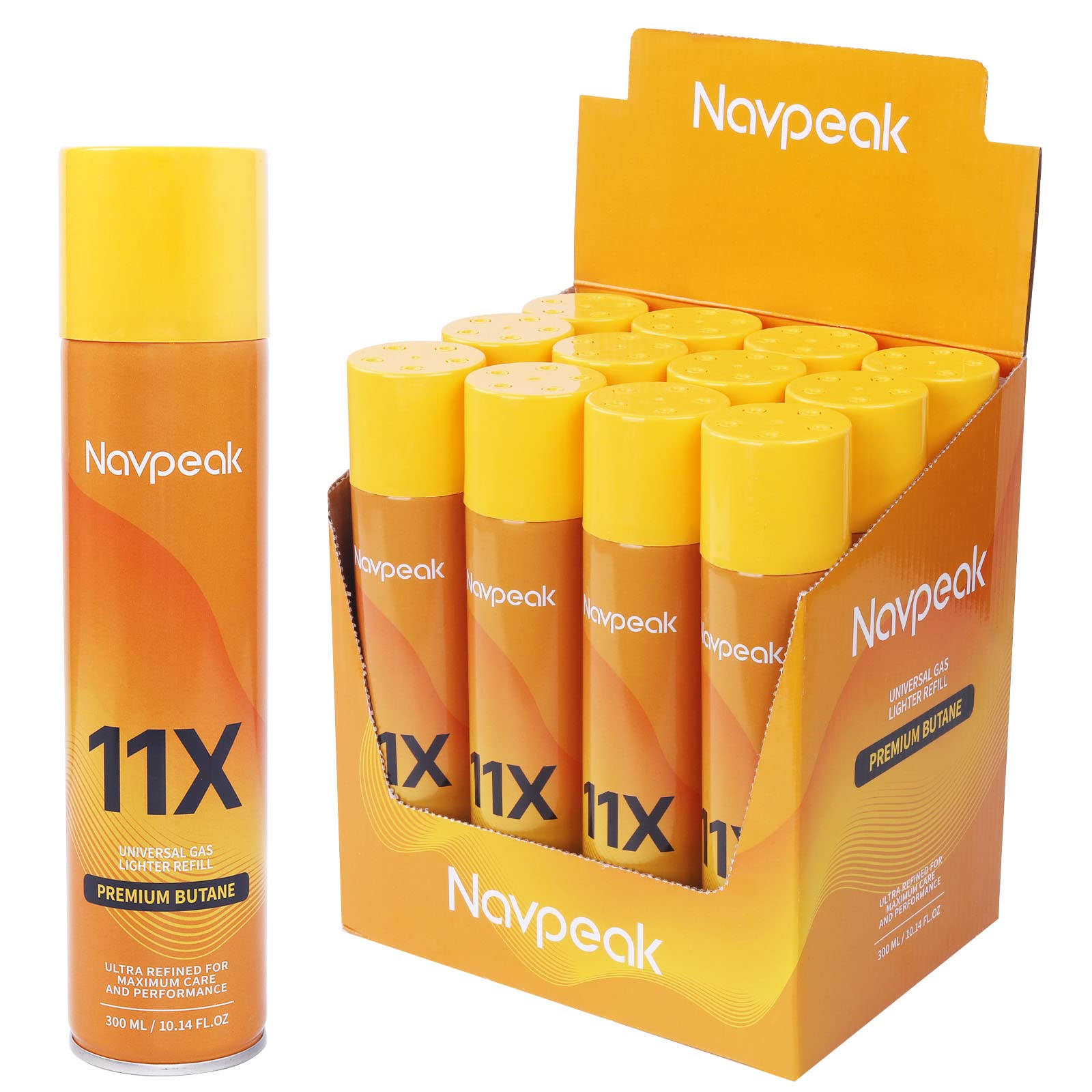 Premium Navpeak Butane Gas Canister - 11X Refined Universal Lighter Refill Fuel (12 Pack) for Torch Lighters, Camping Stoves & Outdoor Cooking