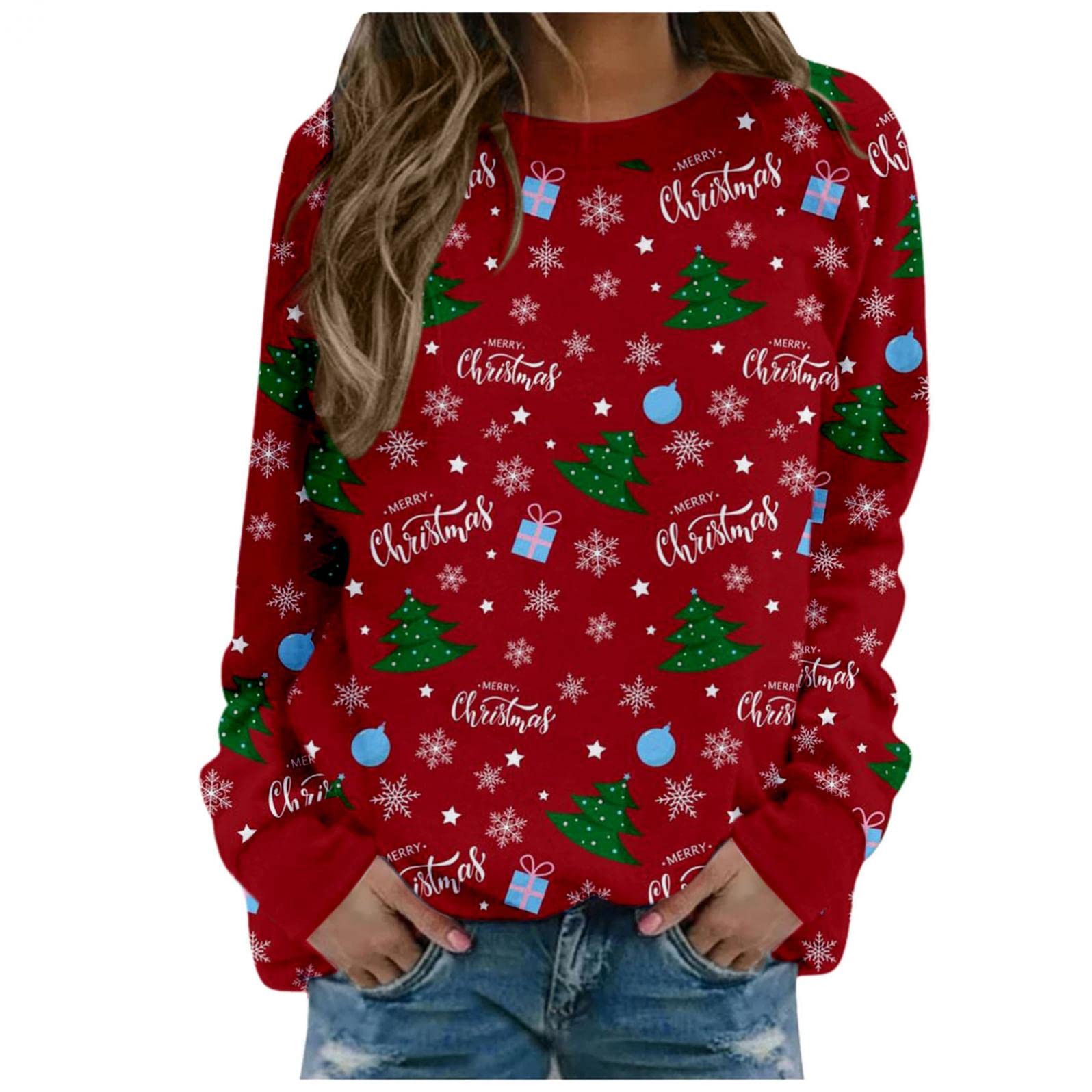 Women's Christmas Elk Print Long Sleeve Sweatshirt - Casual Crewneck Pullover Loose Fit Blouse Top for Holiday Parties & Family Gatherings