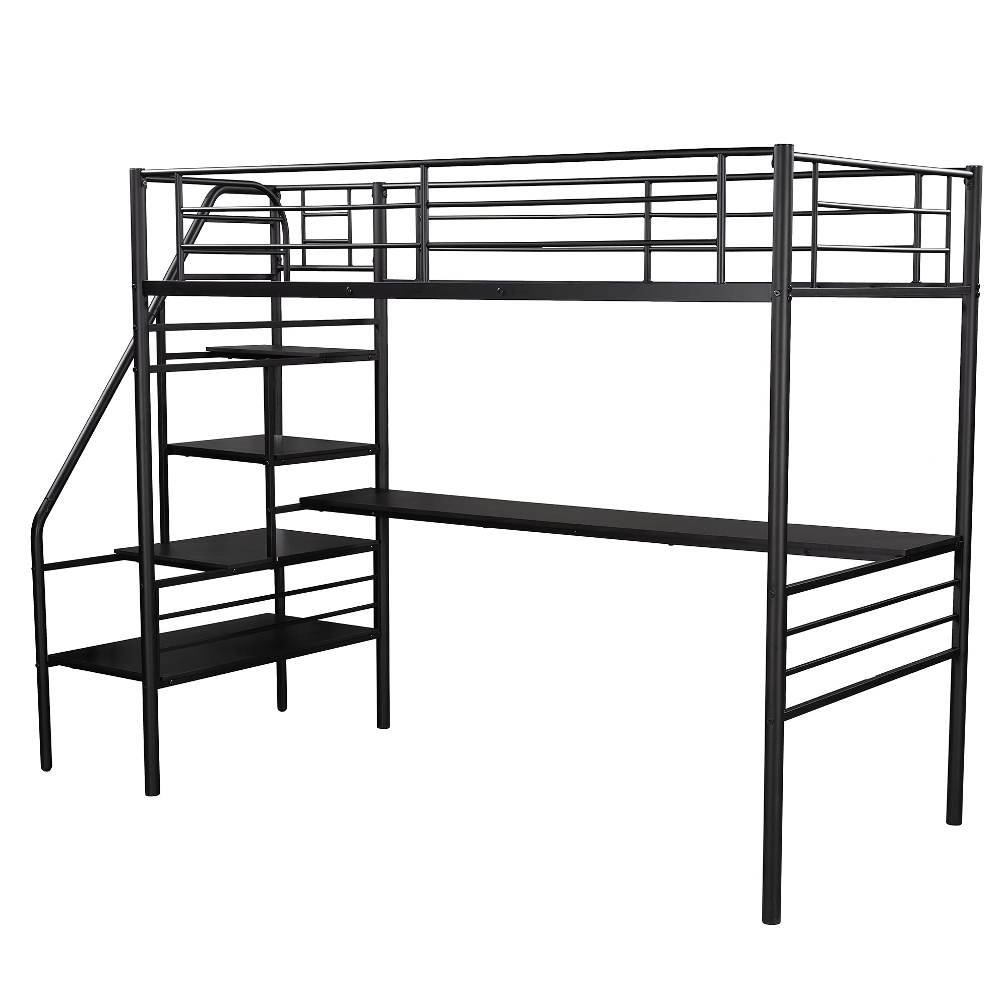 P PURLOVE Twin Loft Bed with Stairway - Sturdy Metal Frame, No Box Spring Required - Space Saving Kids & Teen Bunk Bed for Small Rooms, Dorms & Apartments (Black)