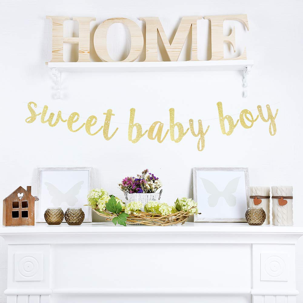 LINGTEER Sweet Baby Boy Gold Glitter Bunting Banner - Perfect for Baby Shower, First Birthday Party, Nursery Decor & Gender Reveal - Elegant Celebration Decorations for Boys