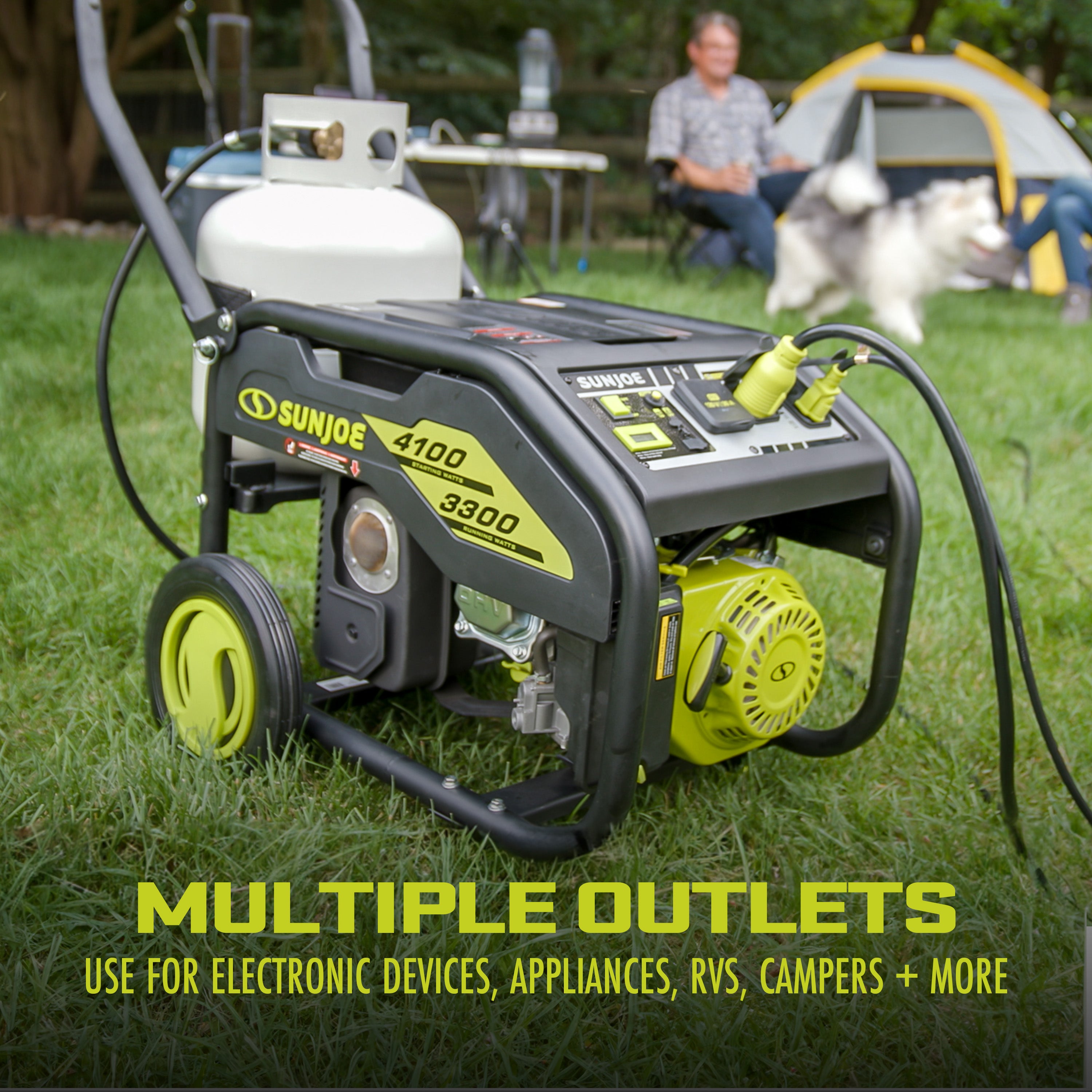 Sun Joe SJG4100LP Portable Propane Generator 4100W - Dual Start System (Electric Push Button & Recoil) with Power Cooling | 3300 Running Watts | Includes 24V 2.0Ah Battery & Charger - Ideal for Camping, Emergency Backup & Outdoor Power Needs