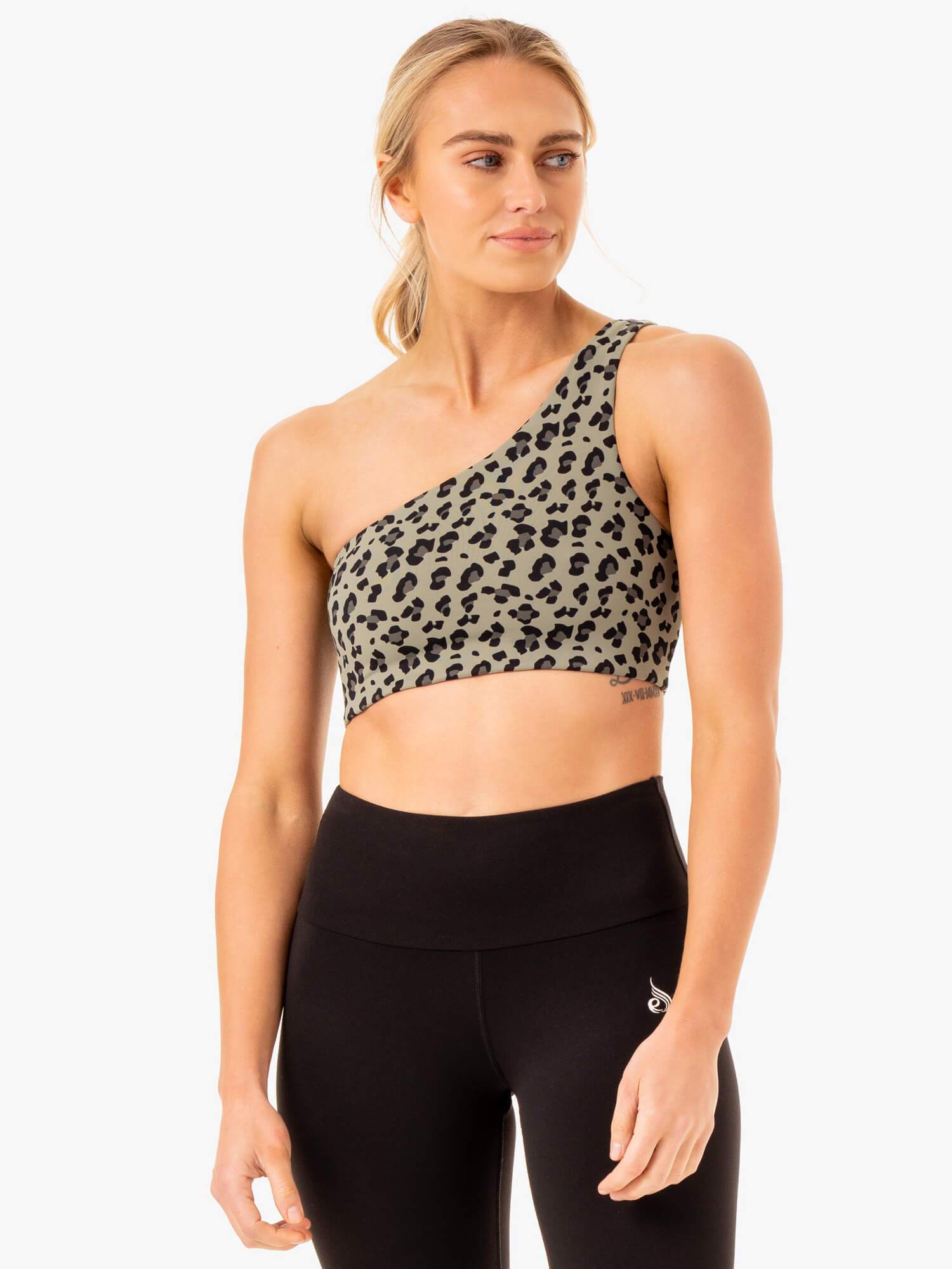 Adapt One Shoulder Sports Bra - Khaki Leopard Print - High Support Workout Top for Yoga, Running & Gym