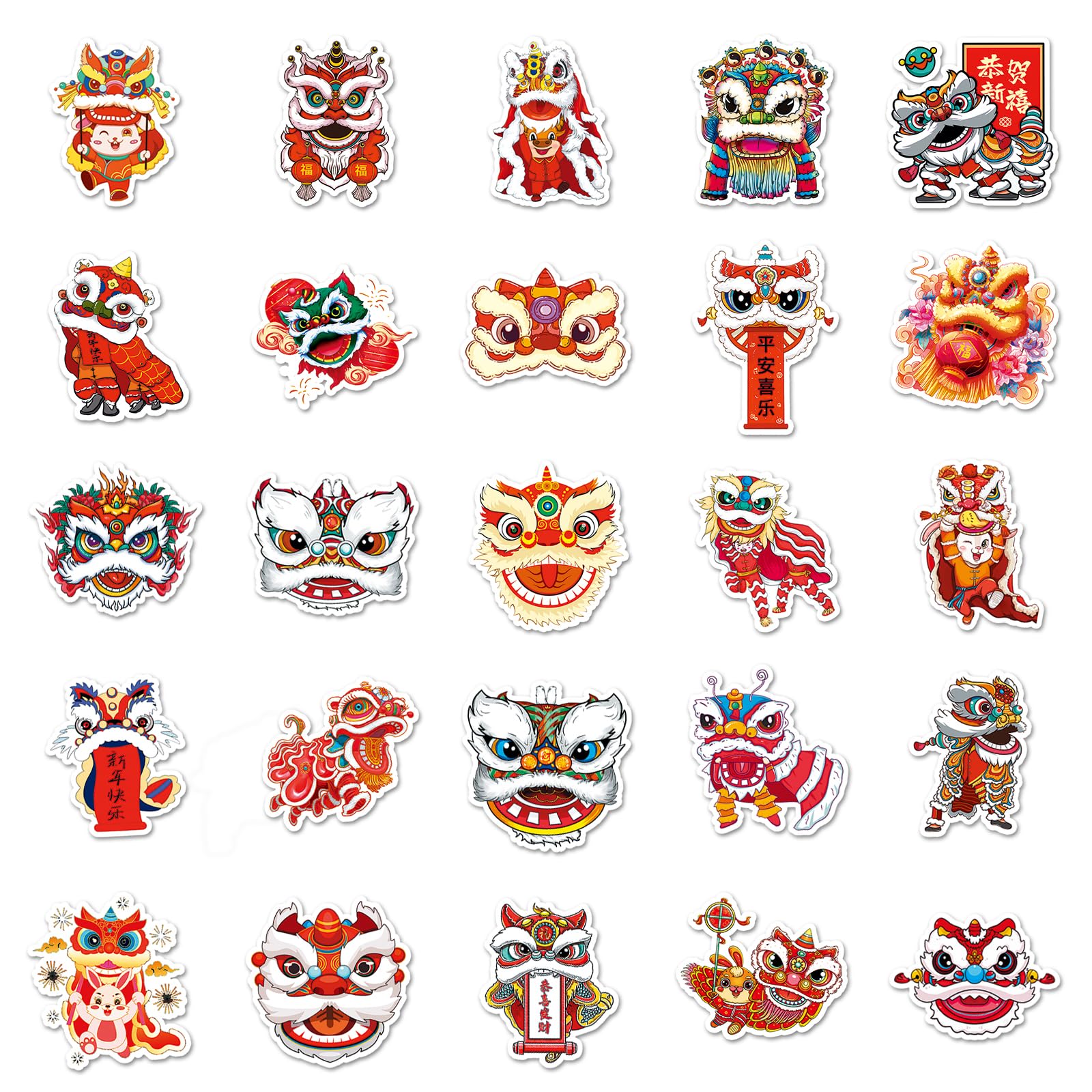 50pcs Chinese New Year Decoration Stickers - Waterproof Cartoon Lion Stickers for Water Bottles, Laptops, Phones | Cute Anime Stickers for Kids & Teens | Perfect for Holiday Decor, School Supplies & DIY Crafts
