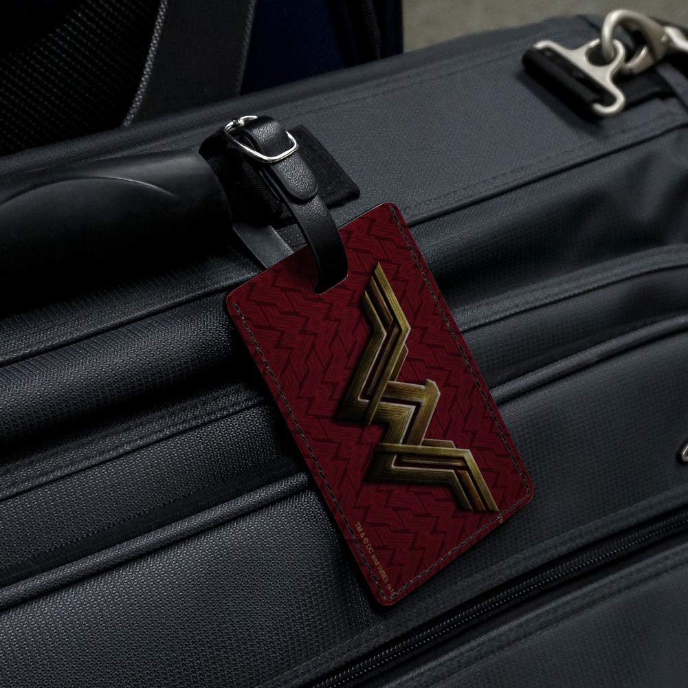 Justice League Wonder Woman Logo Leather Luggage Tag - Durable Rectangle ID Card Holder for Travel Bags, Suitcases & Backpacks - Perfect for Superhero Fans & Comic Conventions