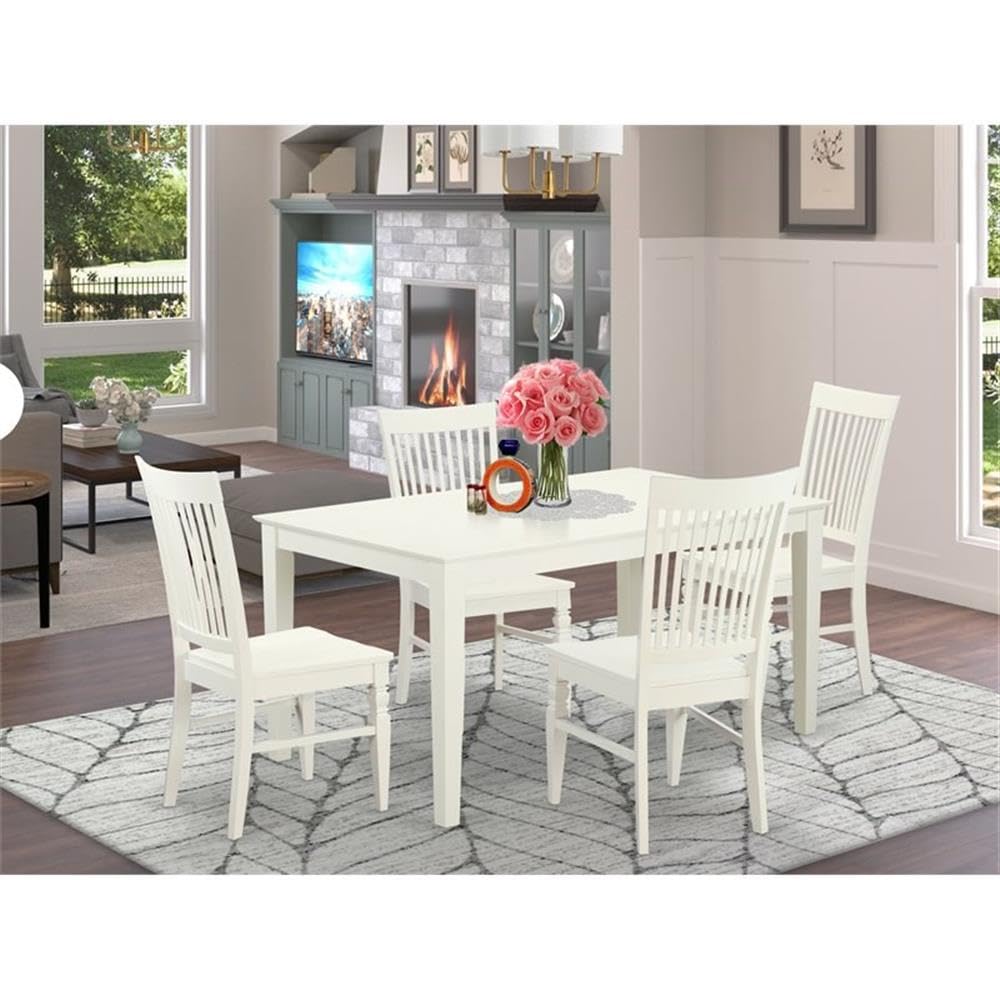 East West Furniture CAWE5-LWH-W 5-Piece White Linen Dining Set with 36x60 Inch Rectangle Table & 4 Chairs - Perfect for Small Kitchens, Breakfast Nooks & Cozy Family Meals