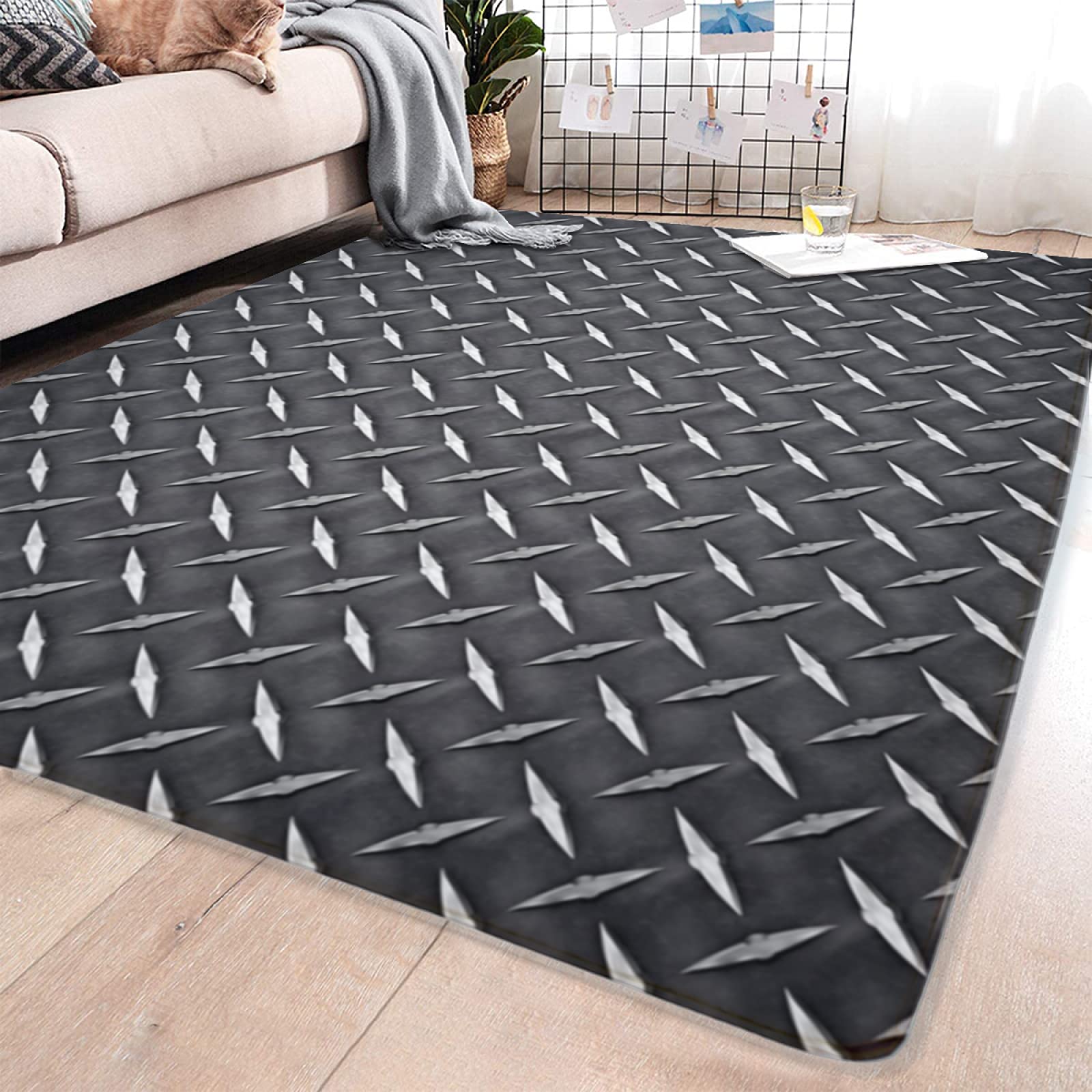 Durable Diamond Plate Area Rug - Non-Slip Seamless Floor Mat for Living Room, Bedroom & Office - Industrial Metal Design Home Decor - Perfect for Playrooms, Study Areas & Parent-Child Activities