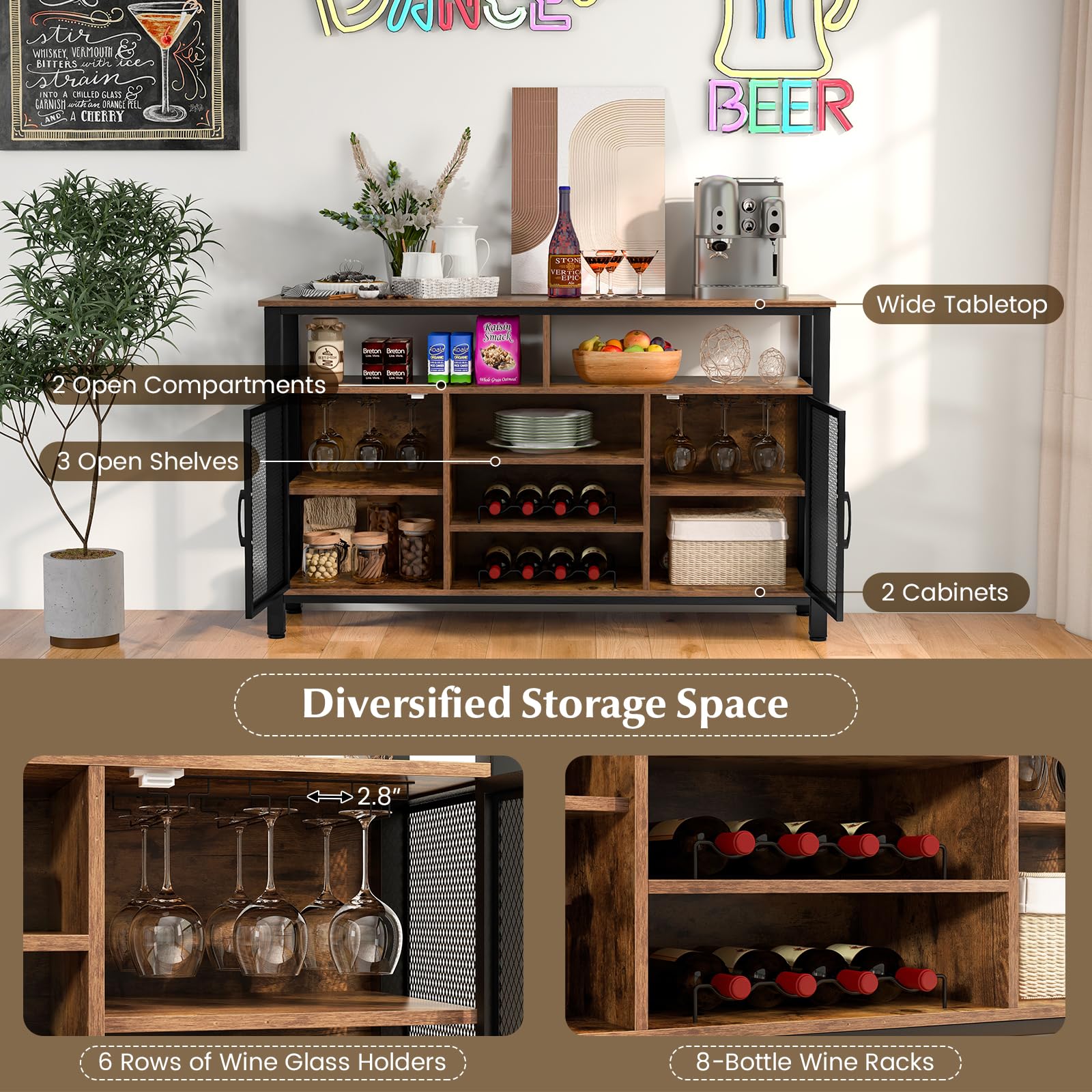 LOKO Wine Bar Cabinet with 8-Bottle Wine Racks & Glass Holders - Kitchen Buffet Sideboard, Coffee Bar Cabinet with Storage, Liquor Cabinet & TV Stand for Dining Room & Living Room - Perfect for Entertaining Guests, Storing Beverages & Enhancing Home Decor (Brown)