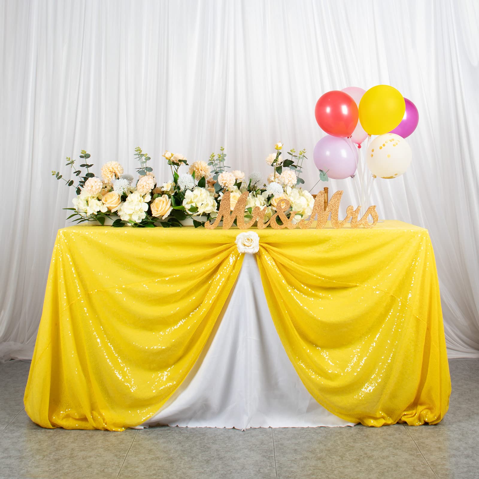 AMZLOKAE Yellow Rectangle Sequin Tablecloth 90x132 - Sparkling Wedding & Party Table Cover, Elegant Dining Room Decor for Special Occasions