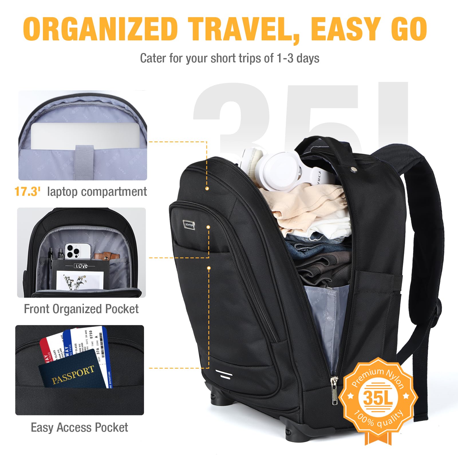 17 Inch Rolling Backpack with 4 Spinner Wheels - Water Resistant Wheeled Laptop Backpack for Travel, College & Work | Carry-On Approved for Overnight Trips | Perfect for Women & Men (Black)
