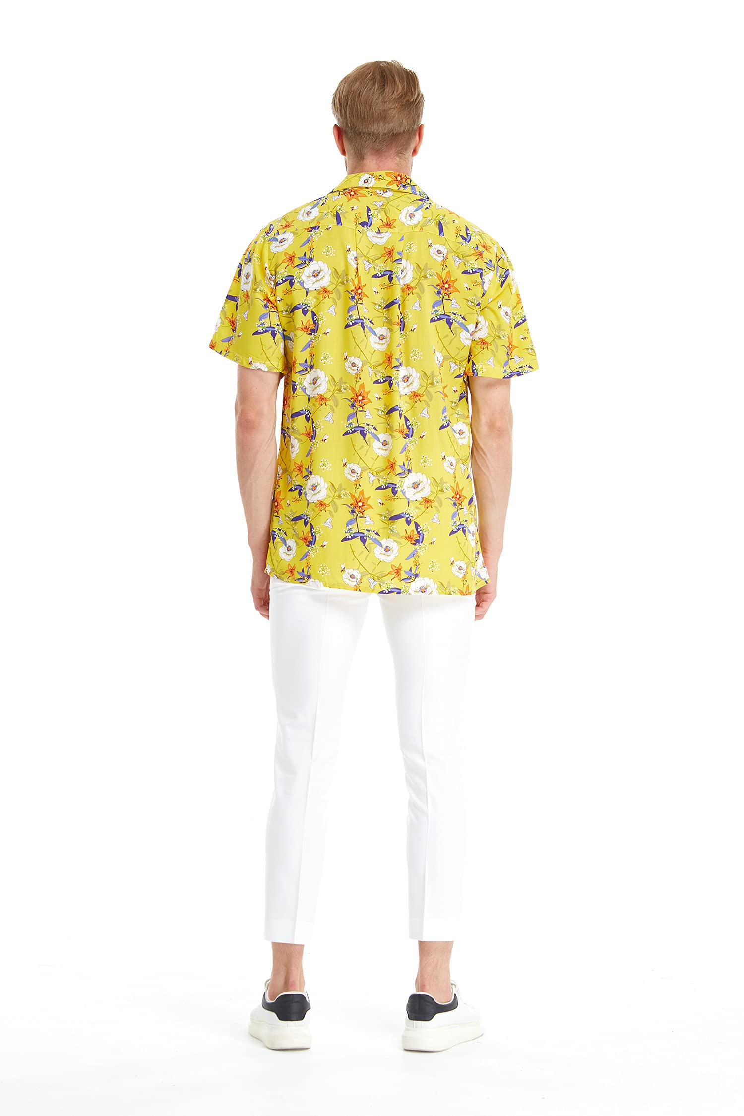 Hawaiian Luau Shirt & Dress Set for Couples - Tropical Garden Poppy Yellow Floral Print - Matching Outfits for Beach Vacation, Summer Party & Date Night