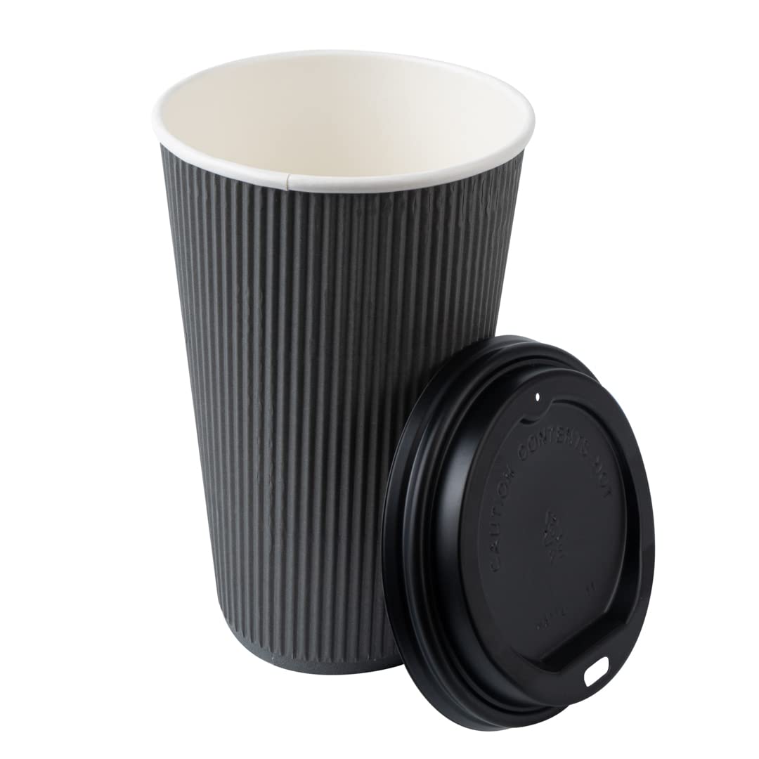16oz Insulated Coffee Cups with Lids - 200 Pack Leakproof Ripple Wall Hot Cups | Disposable Gray Paper Cups for Coffee, Tea, Hot Cocoa & Lattes | Perfect for Cafes, Offices & Catering Events