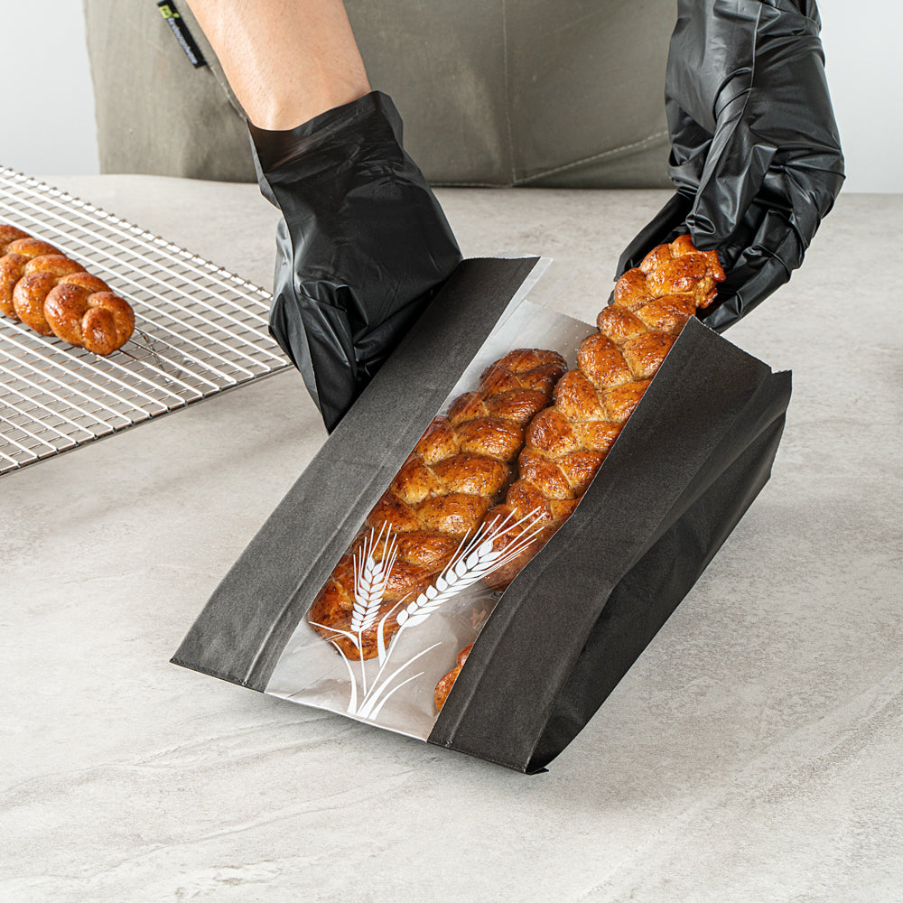 Eco-Friendly Black Paper Bread Bags - Micro Perforated, Greaseproof, Wheat Pattern (6x2.75x10 Inches) - 100 Count Box - Perfect for Bakery, Sandwich Shop & Food Packaging