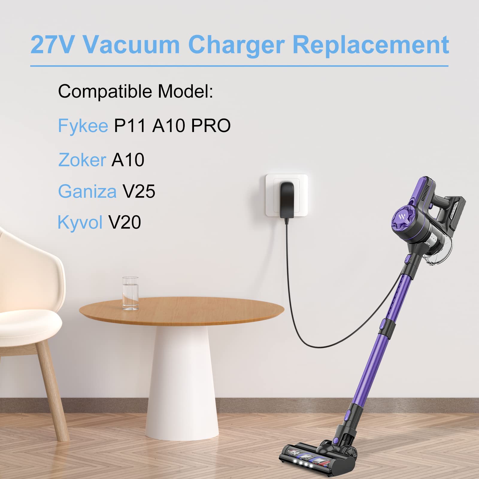 VHBW Vacuum Cleaner Charger Replacement for Fykee P11 K-21B Pro A10 PRO, Ganiza V25, Zoker A10 A10pro, Kyvol V20 - AC Power Adapter Cord for Cordless Vacuums - Perfect for Home Cleaning & Quick Recharging