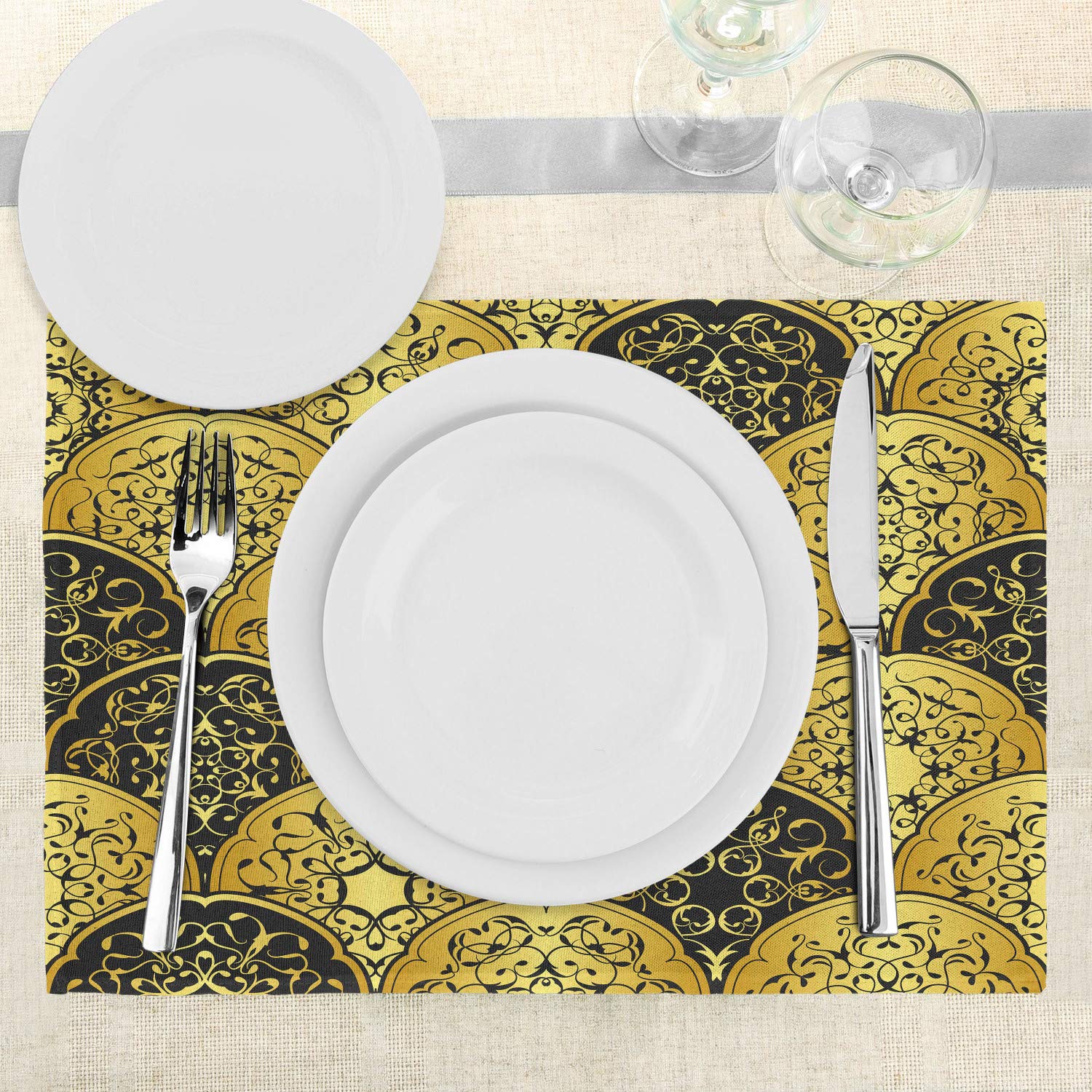 Ambesonne Mandala Place Mats Set of 4 - Round Overlapping Retro Design Washable Fabric Placemats for Dining Table & Kitchen Decor in Yellow & Black | Perfect for Boho Home Decor, Dinner Parties & Holiday Gatherings