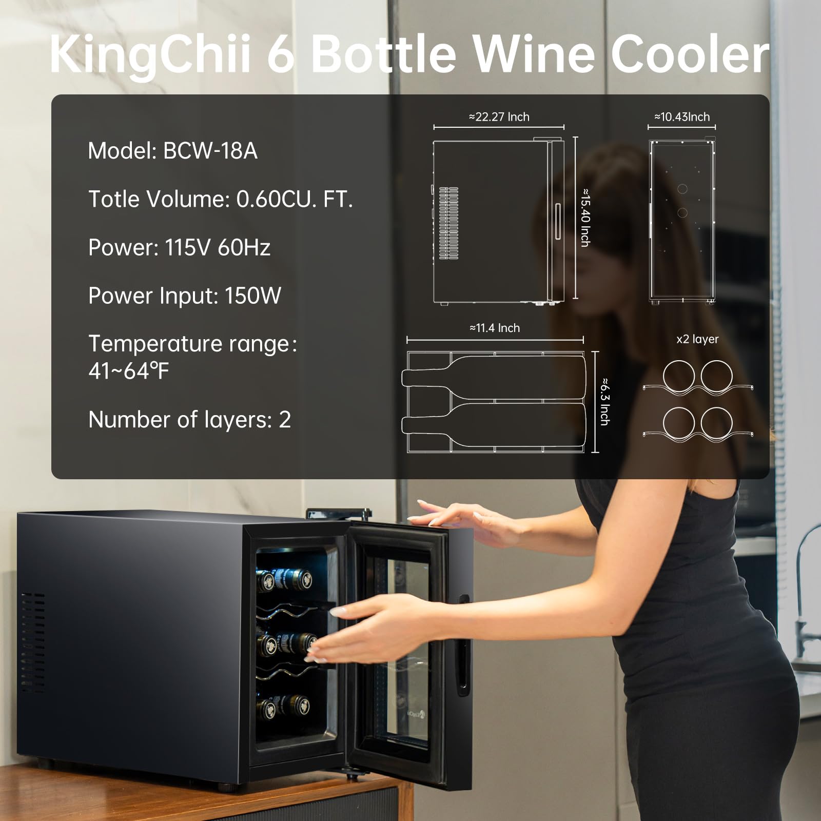 KingChii 6 Bottle Thermoelectric Wine Cooler Refrigerator - Advanced Cooling Technology, Stainless Steel & Tempered Glass Design - Perfect for Red Wine and Champagne Storage in Home, Kitchen, Office or Bar