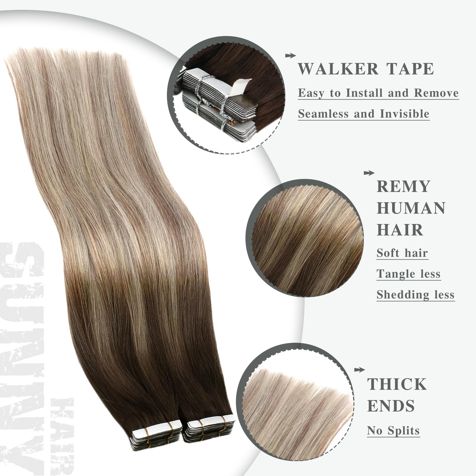 Ve Sunny 24 Inch Ombre Tape-in Hair Extensions - 20pcs 50g Real Human Hair (Dark Brown to Golden Blonde) for Length & Volume | Perfect for Weddings, Parties & Daily Styling