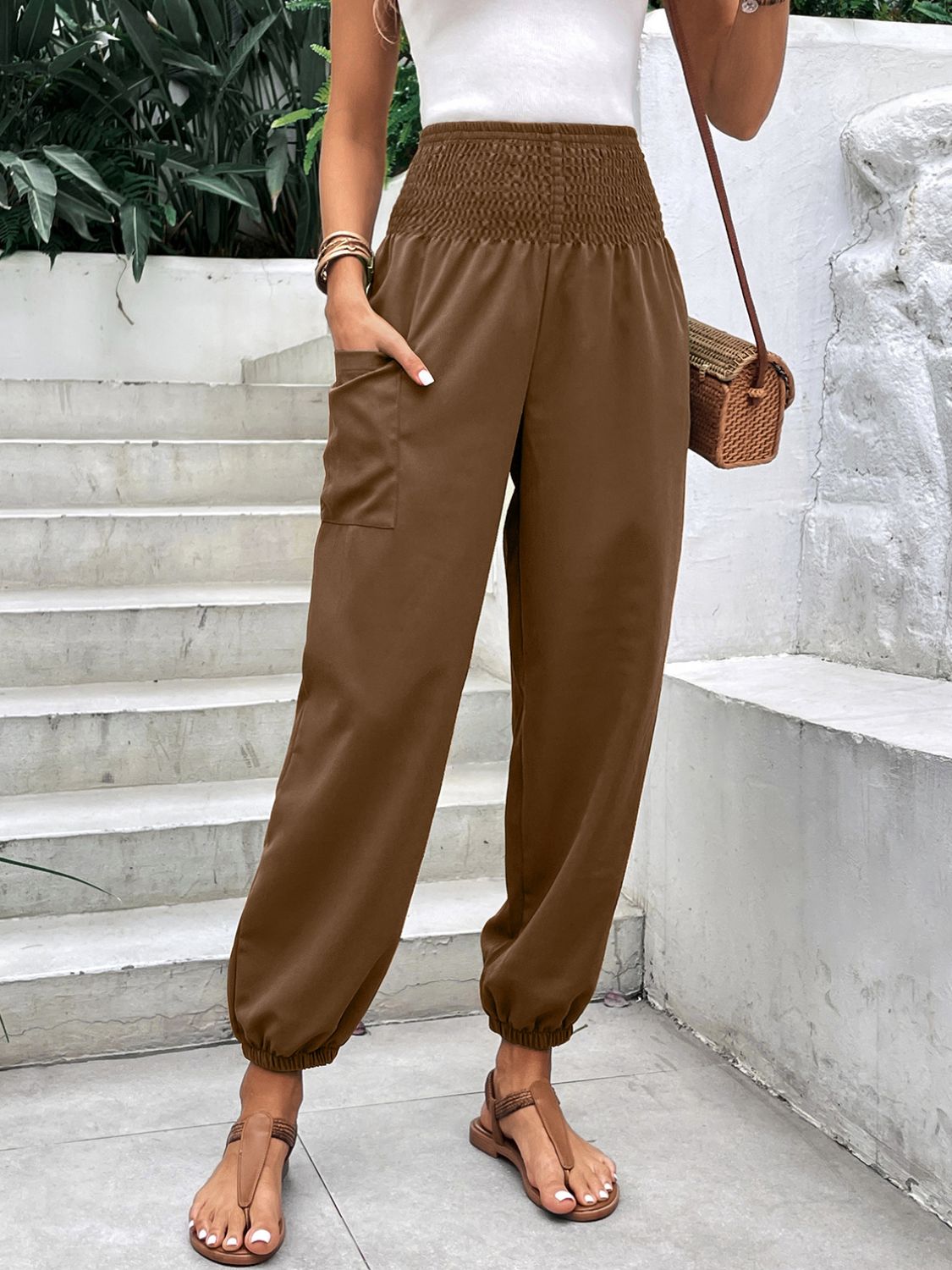 Stylish Smocked High Rise Joggers with Pockets - Comfortable Women's Lounge Pants for Yoga, Running & Casual Wear