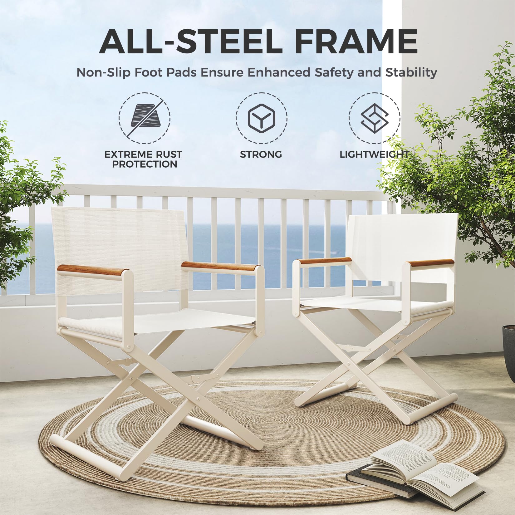 **Extra-Wide 2-Pack Folding Directors Chairs with Sling & Woodgrain Armrests - Patio, Outdoor Dining, Beach, Camping & Picnic - Apricot Color**