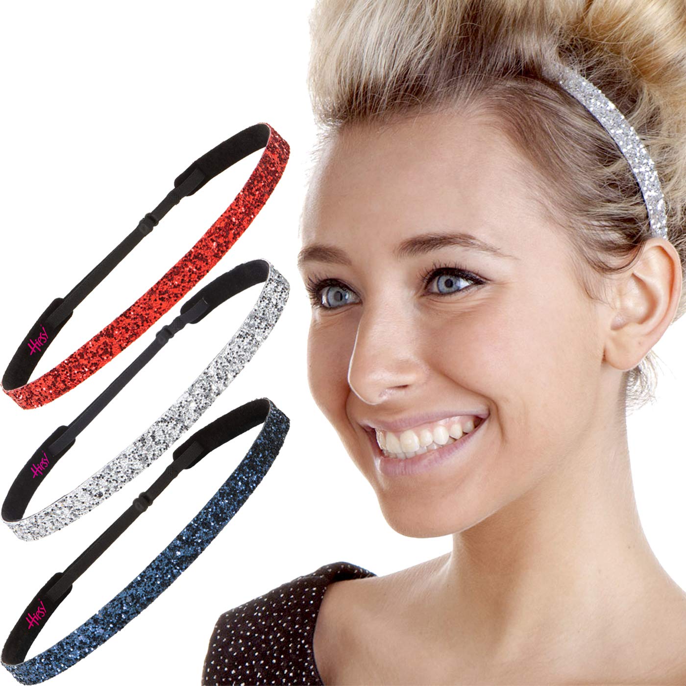 Sparkly Glitter Skinny Headbands 3-Pack for Women, Girls & Teens – Adjustable No-Slip Plus Size Hair Accessories (Navy/Silver/Red) – Perfect for Sports, Workouts, School & Everyday Fashion