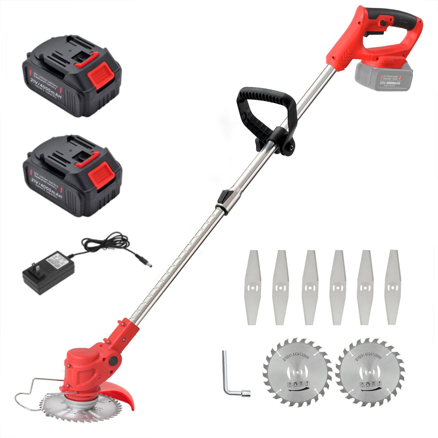 **Cordless Electric Weed Wacker - 2 Blades & 2 Batteries, Lightweight Brush Cutter for Lawn, Garden & Yard Trimming - Includes Charger (Red) - Perfect for Edging, Pruning & Landscaping**