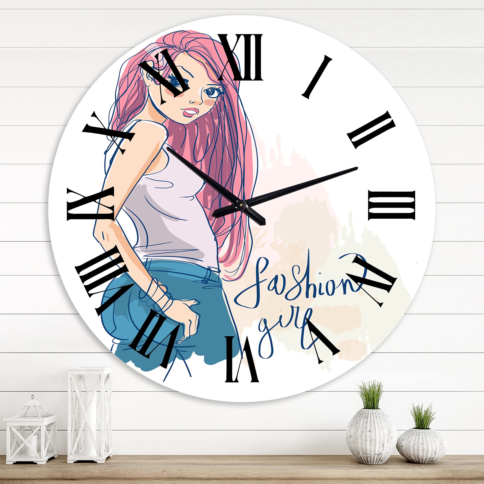 Trendy Fashion Girl Wall Clock for Kids Room Decor - Large Silent Non-Ticking Children's Art Clock - Perfect for Bedroom, Playroom & Nursery Decor (DesignQ)