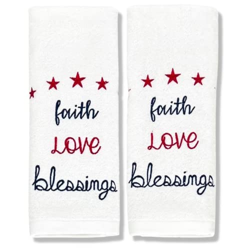 Soft Absorbent Patriotic Americana Hand Towels - Faith, Love & Blessings Design, 2-Piece Set for Kitchen, Bathroom & Home Decor (Summer/Spring Collection)