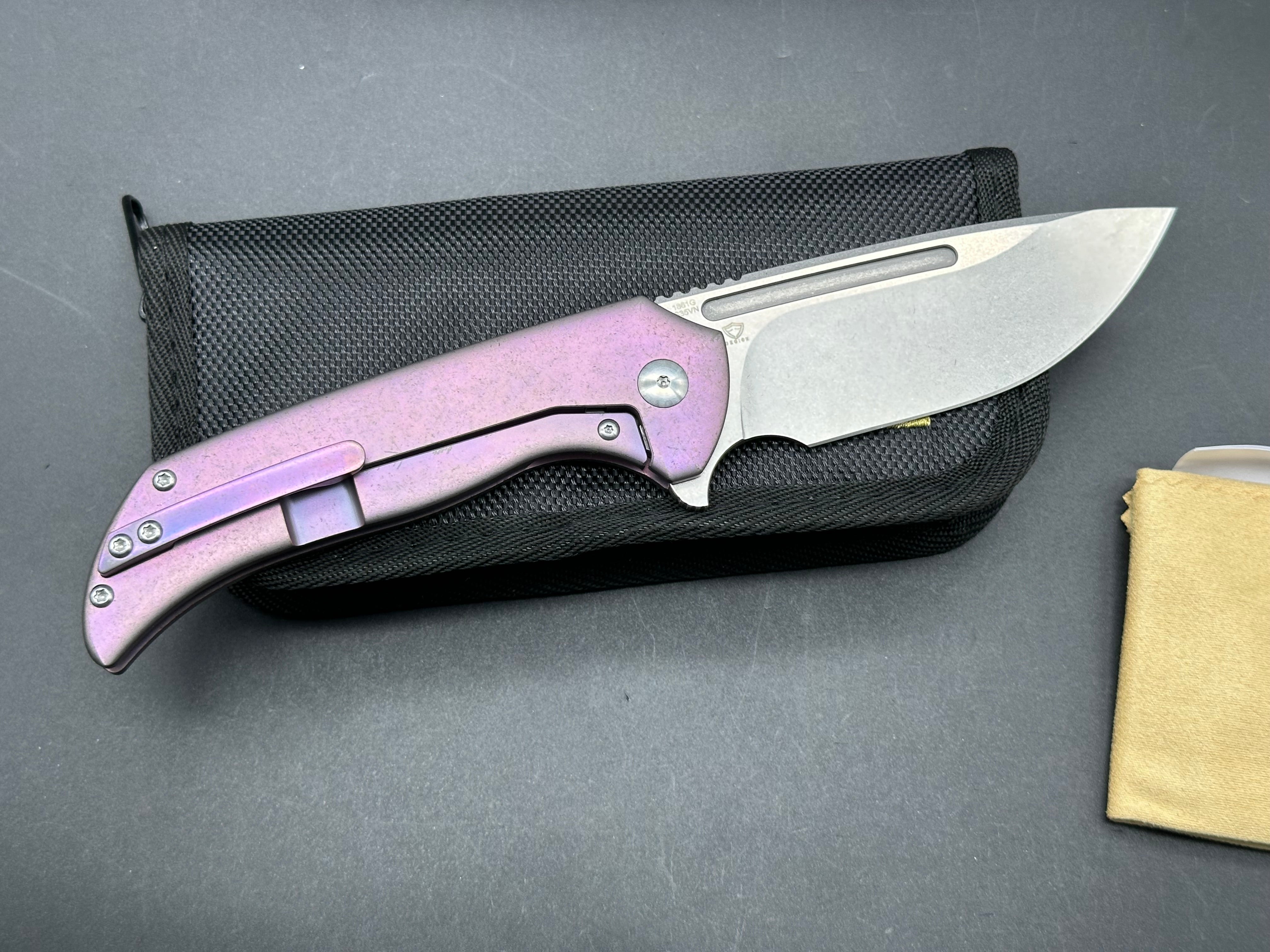 Premium Artisan Trux Frame Lock Folding Knife - Purple Titanium Handle, 3.61