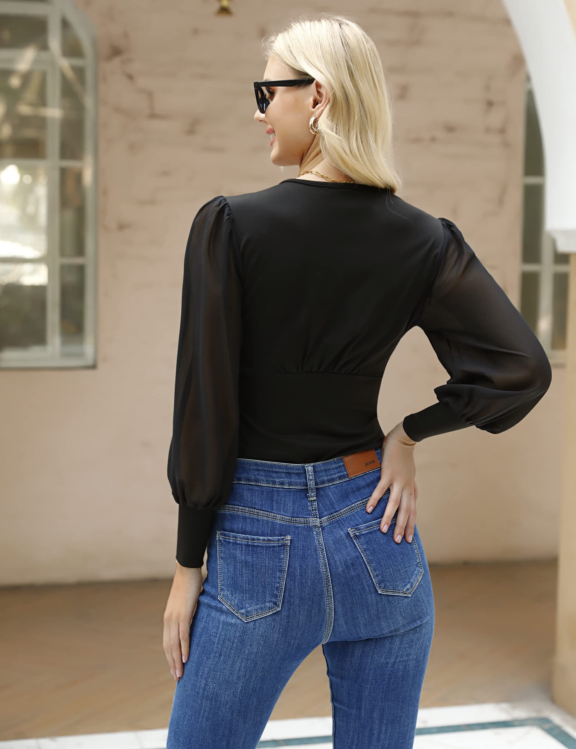 Elegant Long Sleeve Puff Sleeve Women's Bodysuit - Stretchy Slim Fit V-Neck Bodysuit for Party & Dance (Sizes S-XXL) | Perfect for Date Nights, Clubbing, and Special Occasions
