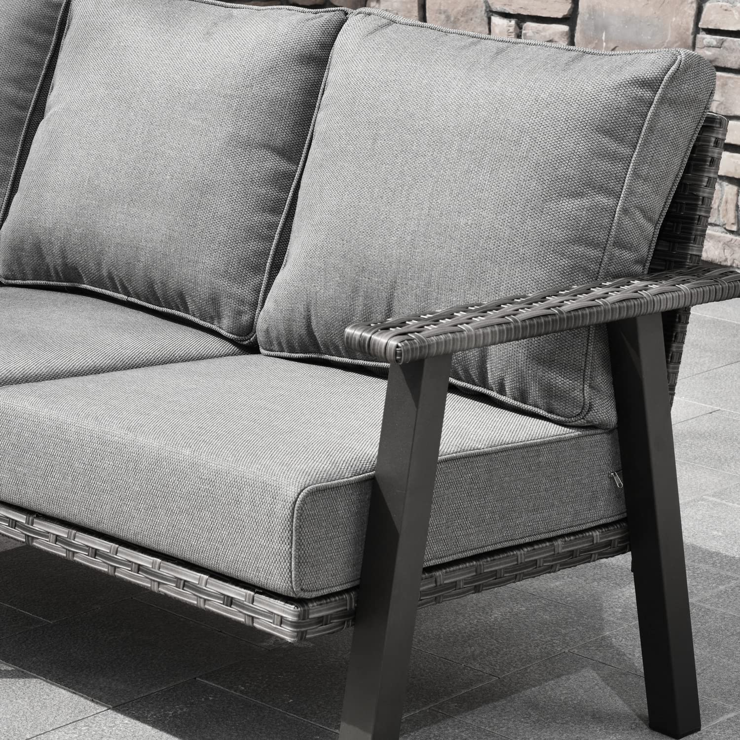 Ovios 3-Piece Patio Sofa Set with 2 Ottomans - Outdoor Wicker Rattan Couch with Comfortable Cushions - All-Weather High Back 3-Seater Sofa for Garden, Porch, or Backyard - Dark Grey