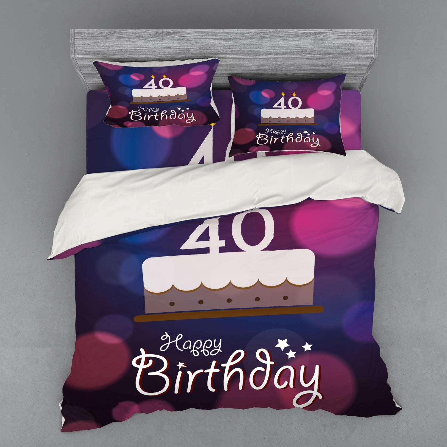 Ambesonne 40th Birthday Bedding Set - King Size 4-Piece Duvet Cover with Shams & Fitted Sheet - Purple Pink White Big Color Dots & Graphic Cake Design - Perfect for Birthday Parties & Home Decor