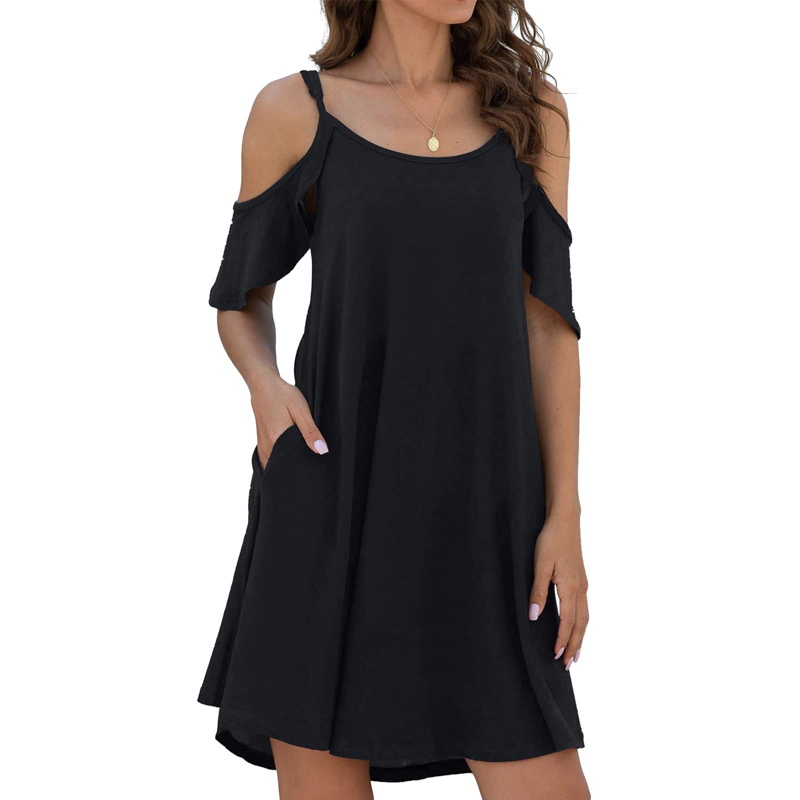 Sinifer Women's Summer Floral Spaghetti Strap Sundress - Cold Shoulder Ruffle Sleeve Tunic Dress with Pockets | Loose Comfortable Casual Swing Dress for Beach, Vacation & Daily Wear (Black, Small)