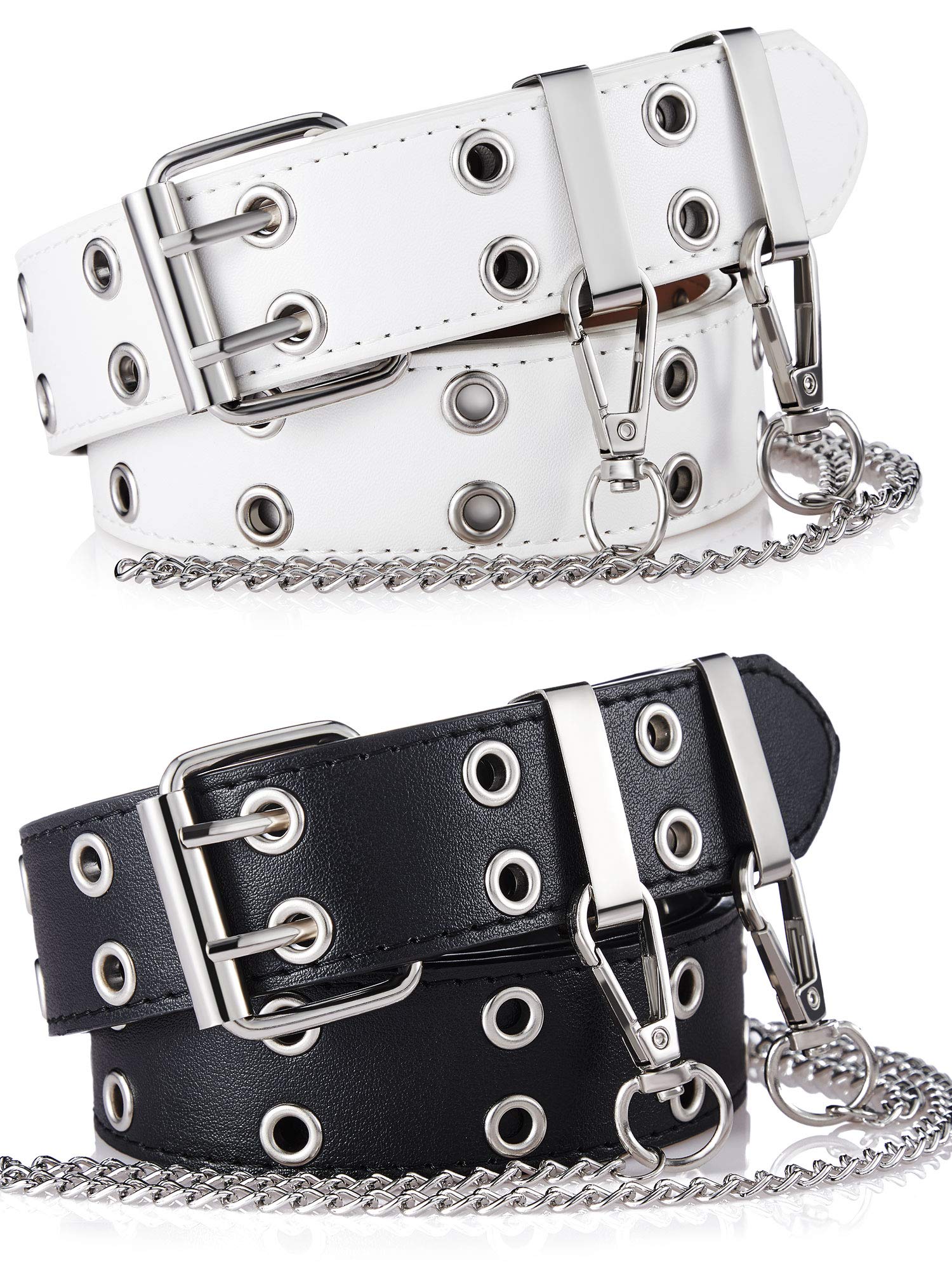 SATINIOR Women's Punk Double Grommet Leather Belt with Prong Buckle - Adjustable Waist Belt for Jeans (White/Black, Medium) | Perfect for Casual Outfits, Gothic Fashion & Rock Style