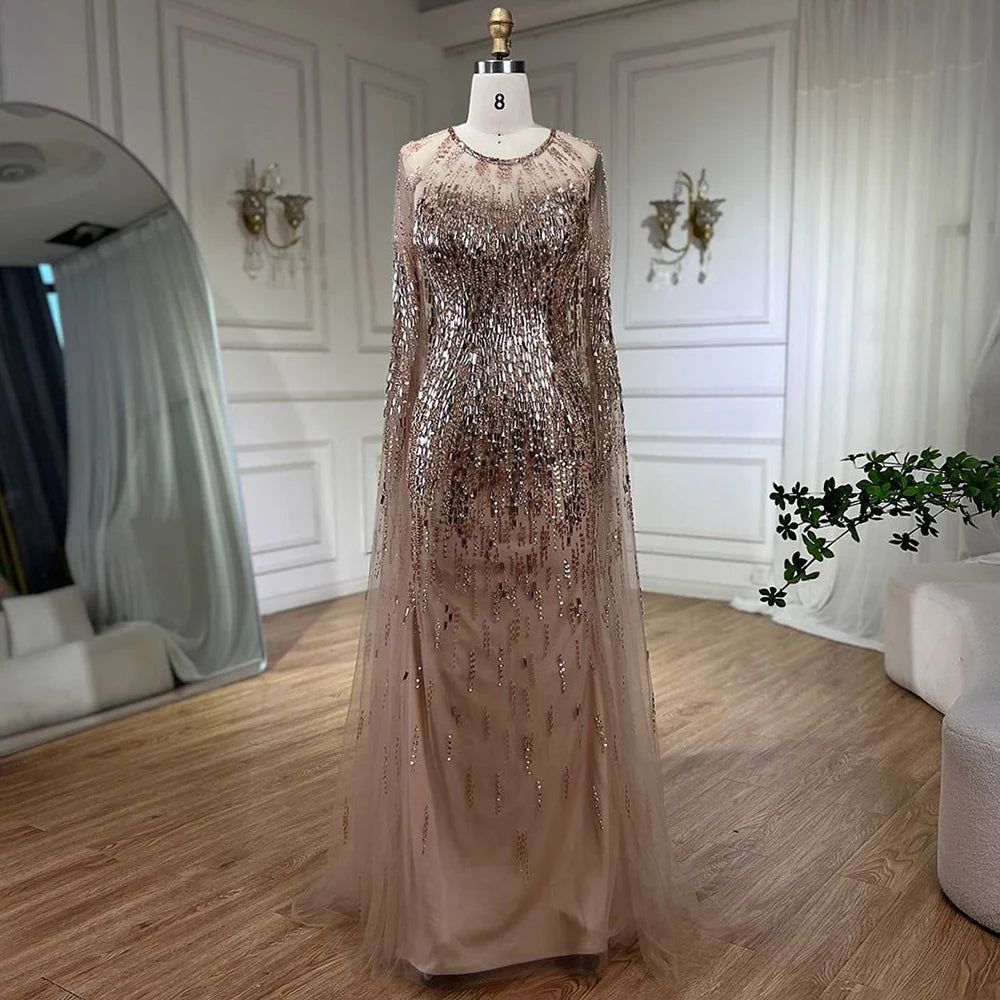 Serene Hill Luxury Gold Cape Sleeves Evening Dresses for Women - 2025 A-Line Beaded Wedding Gowns (LA71416) | Perfect for Bridal Parties, Galas & Formal Events