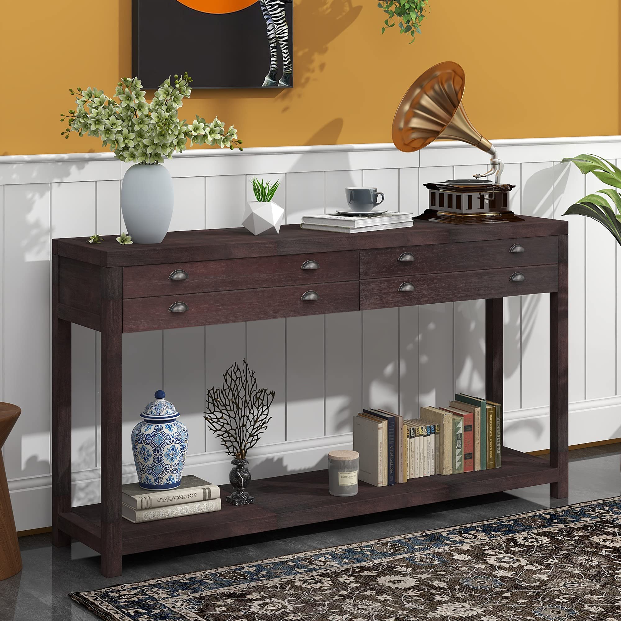Solid Wood Console Table with 2 Large Storage Drawers, Rustic Entryway Sofa Table with Open Shelf - Modern TV Stand for Living Room, Bedroom, Hallway (Espresso, Large Size) | Perfect for Small Space Organization & Home Decor