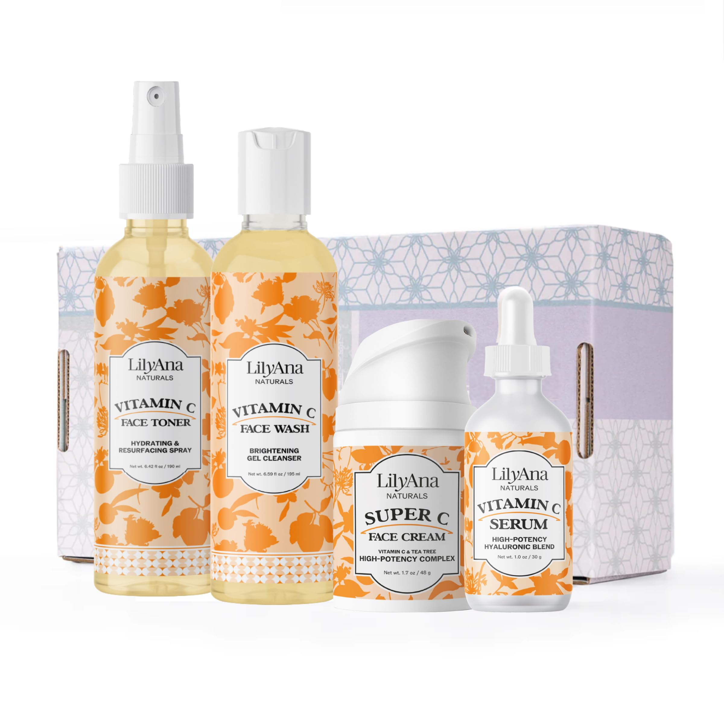 LilyAna Naturals Vitamin C Skincare Gift Set - Brightening Serum & Hyaluronic Acid Face Cream - Anti-Aging 4-Piece Skincare Kit for Glowing Skin | Perfect for Daily Routine & Gift Giving
