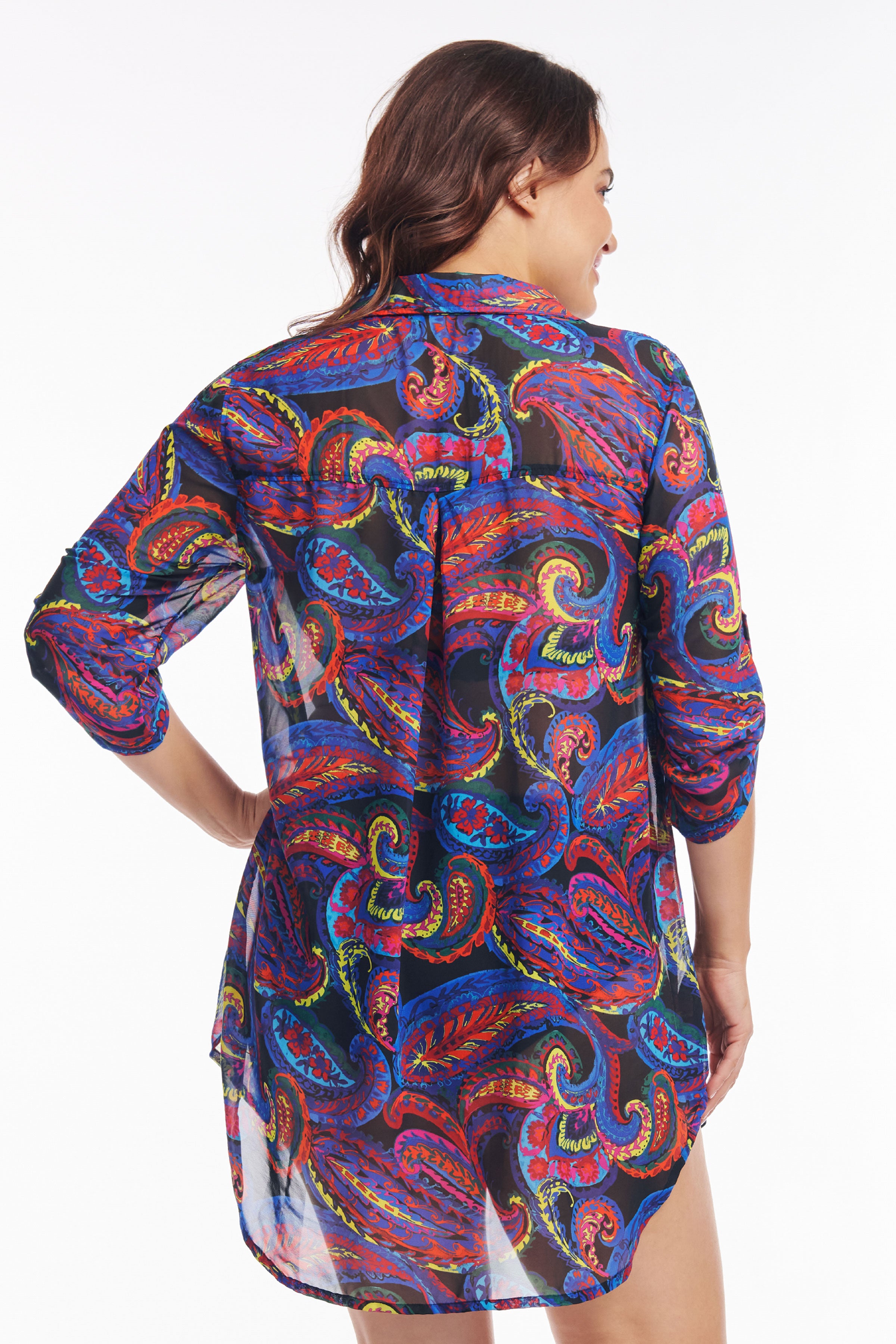 Plus Size Collared Pullover Tunic Coverup in French Paisley Print - Stylish Loose Fit Blouse for Women, Perfect for Beach Cover-Up, Casual Outings & Layering