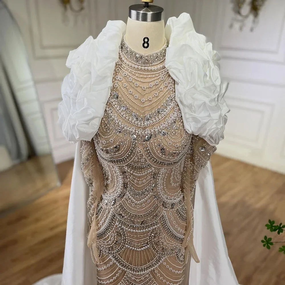 Luxury Dubai Arabian White Pearl Beaded Mermaid Evening Gown - Elegant Formal Dress for Weddings, Galas & Special Occasions