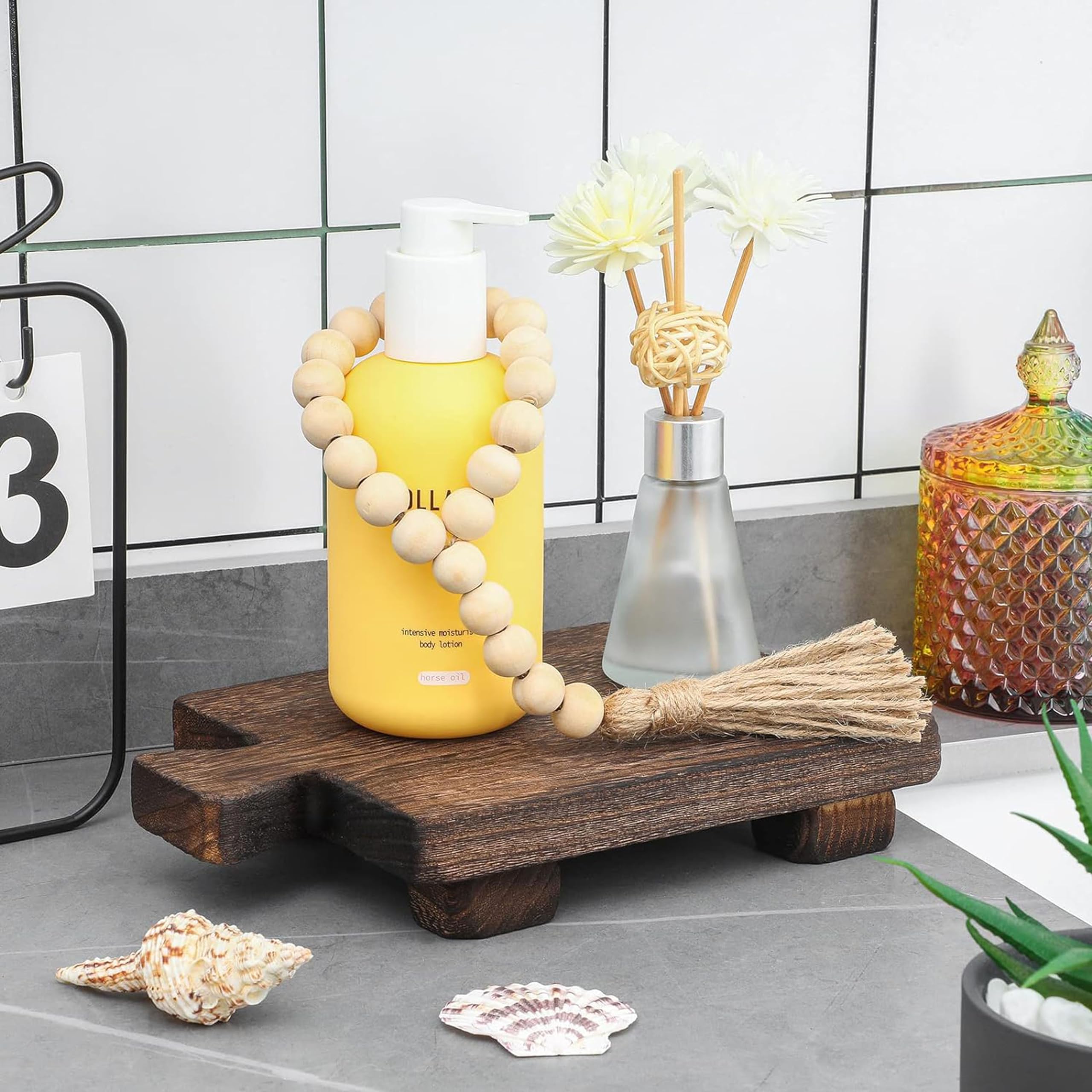 Hamdan Wood Pedestal Riser Tray - Soap Dispenser Stand for Kitchen Sink Counter, Wooden Holder for Bottles, Plants, Makeup, Tissues & Candles - Guest Towels Vanity Plate - Brown - Perfect for Bathroom, Kitchen & Home Decor