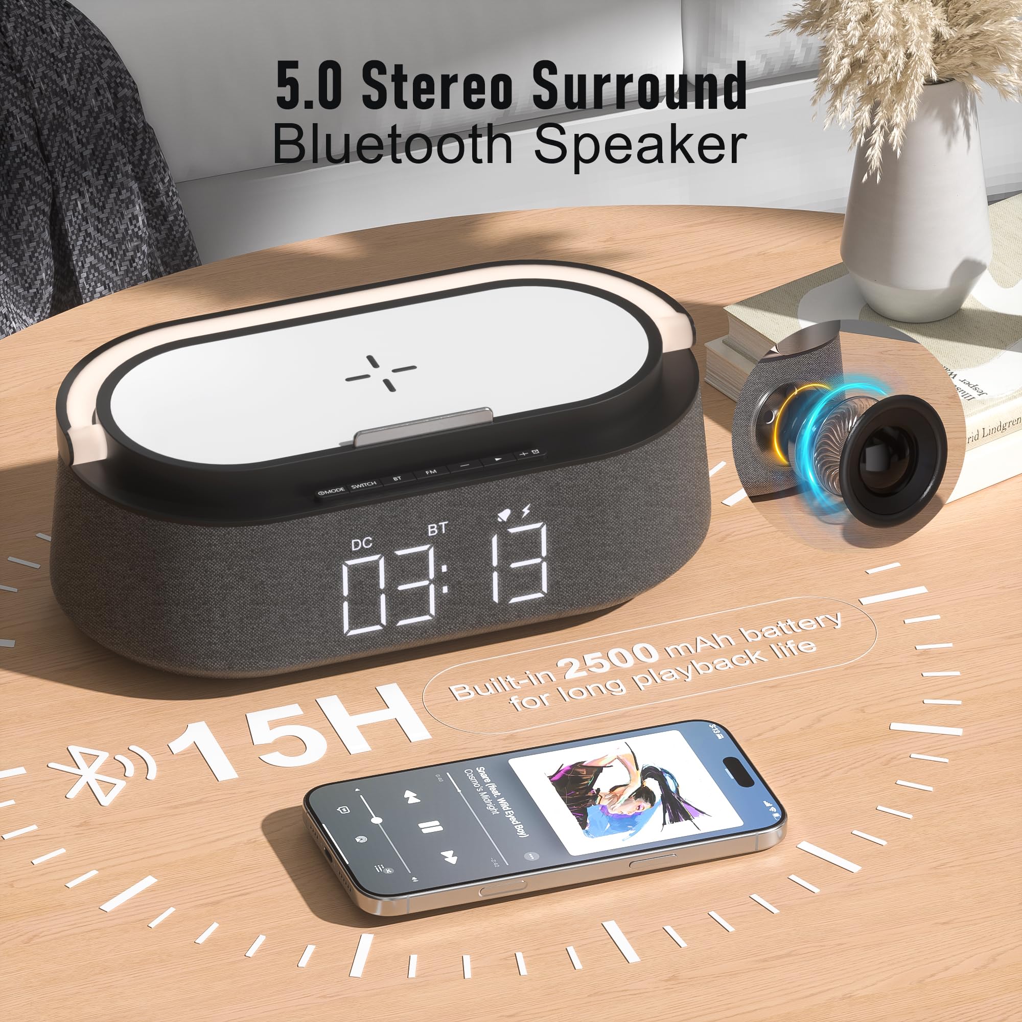 6-in-1 Bluetooth Speaker with Wireless Charger | Portable Bedroom Speaker with FM Radio, Adjustable LED Night Light, Dual Wireless Charging & Phone Stand | Perfect for Bedside, Home Office, Travel & Gifts