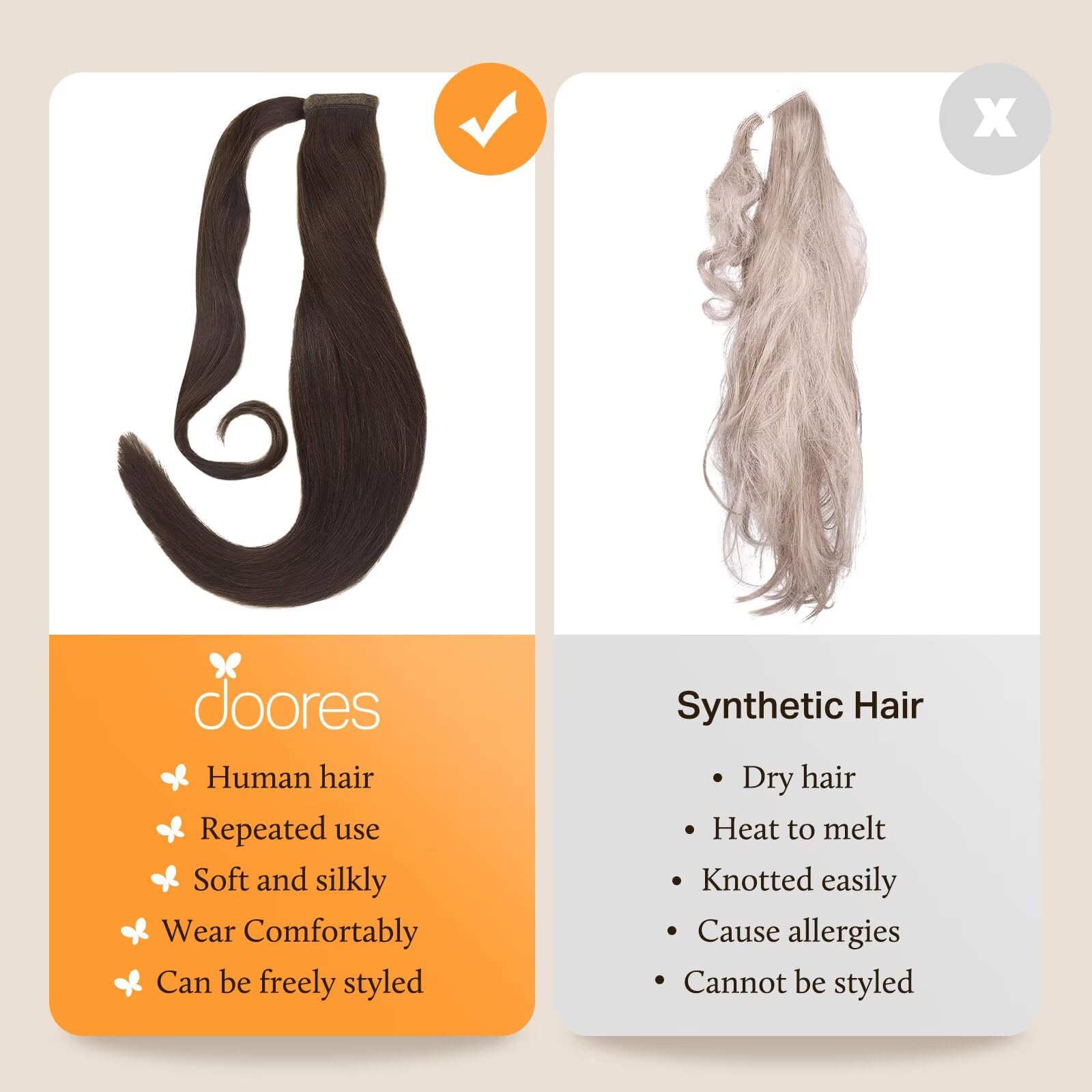 DOORES 20 Inch Clip-in Ponytail Extensions - 90g Real Human Hair, Dark Brown, Straight Hairpiece for Women - Perfect for Parties, Weddings & Everyday Styling