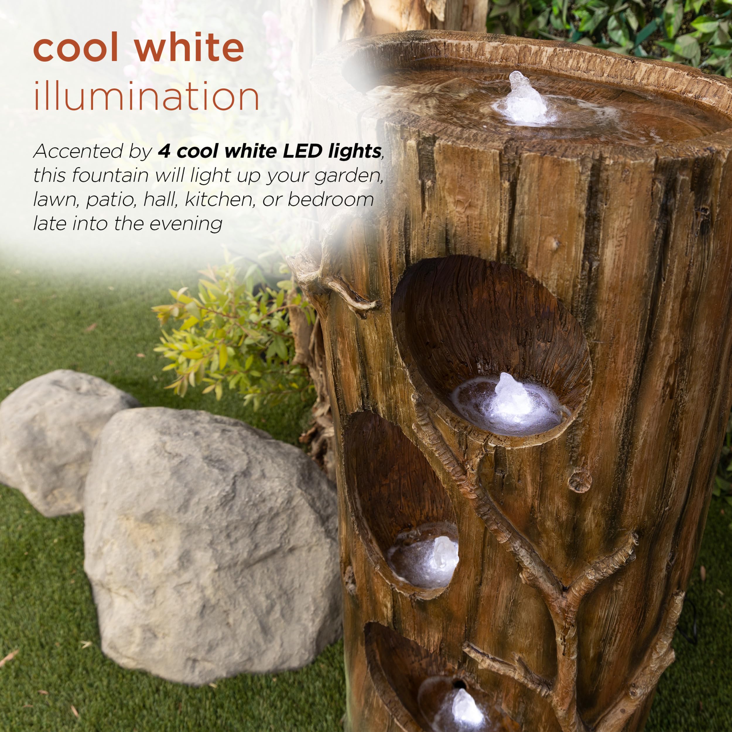 Alpine Corporation 4-Tier Tree Trunk Water Fountain with LED Lights - Outdoor Garden Decor, Patio Waterfall Feature for Relaxing Backyard Ambience