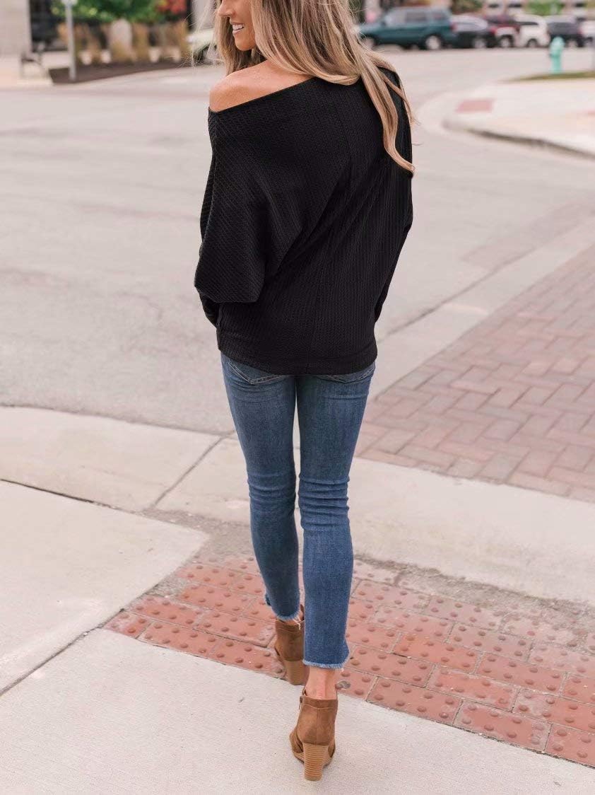 Lacozy Women's Off The Shoulder Waffle Knit Oversized Sweatshirt - Long Sleeve Tunic Pullover Sweater for Casual Wear, Date Night & Fall Layering